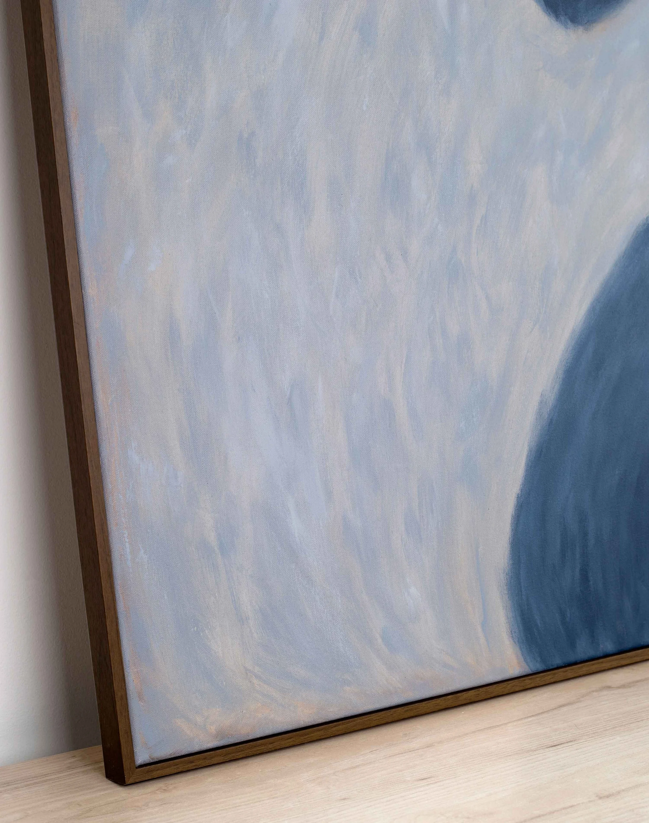 Close detail of blue-grey brushwork and lightly held leaf-like forms from The Quiet That Holds You There, showing textured acrylic surface, subtle movement, and the undulating rhythm of the painting.