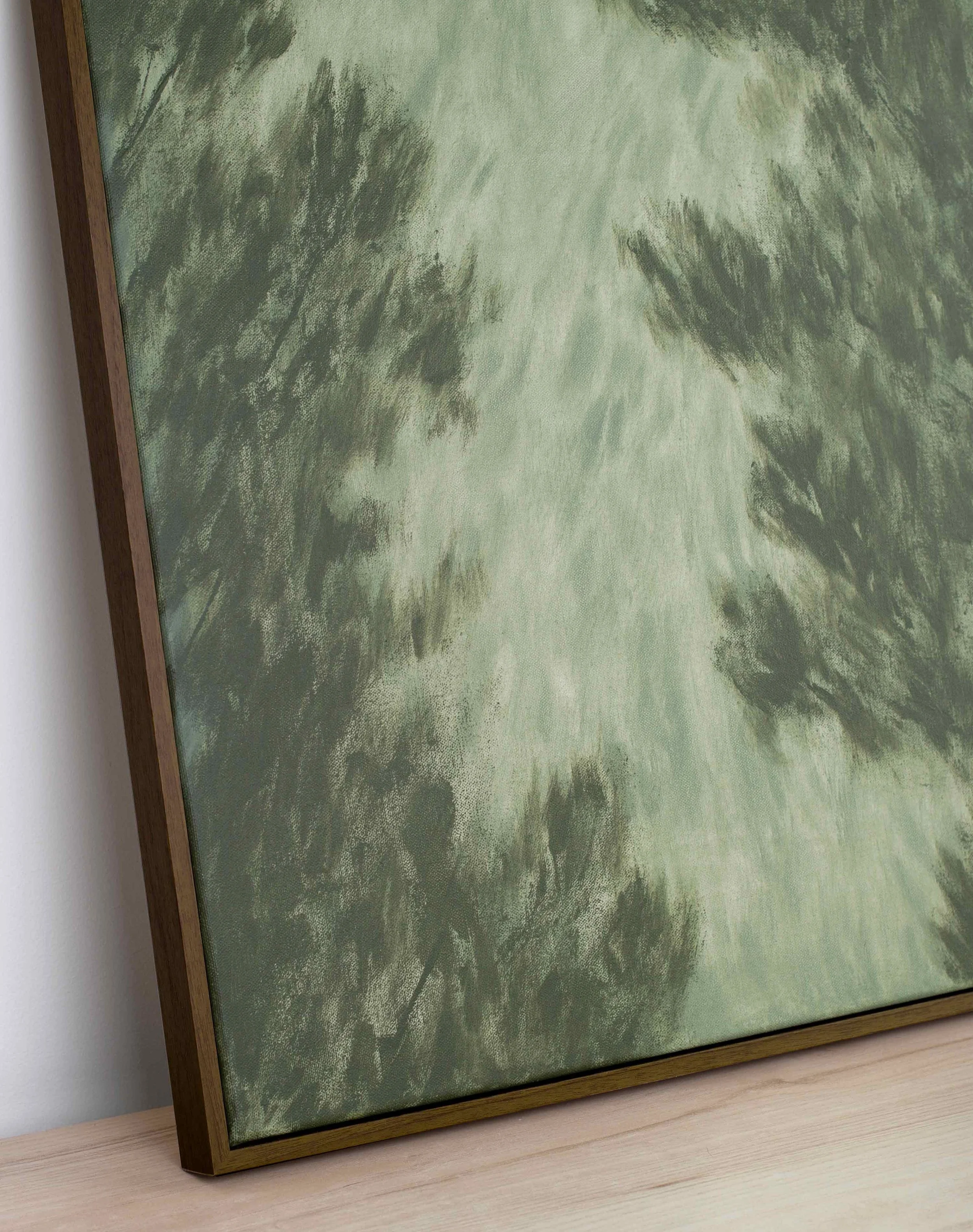 Close detail of layered green brushwork and flickering warm tones from Understory, showing overlapping gestures, textured surface, and the immersive density of the composition.