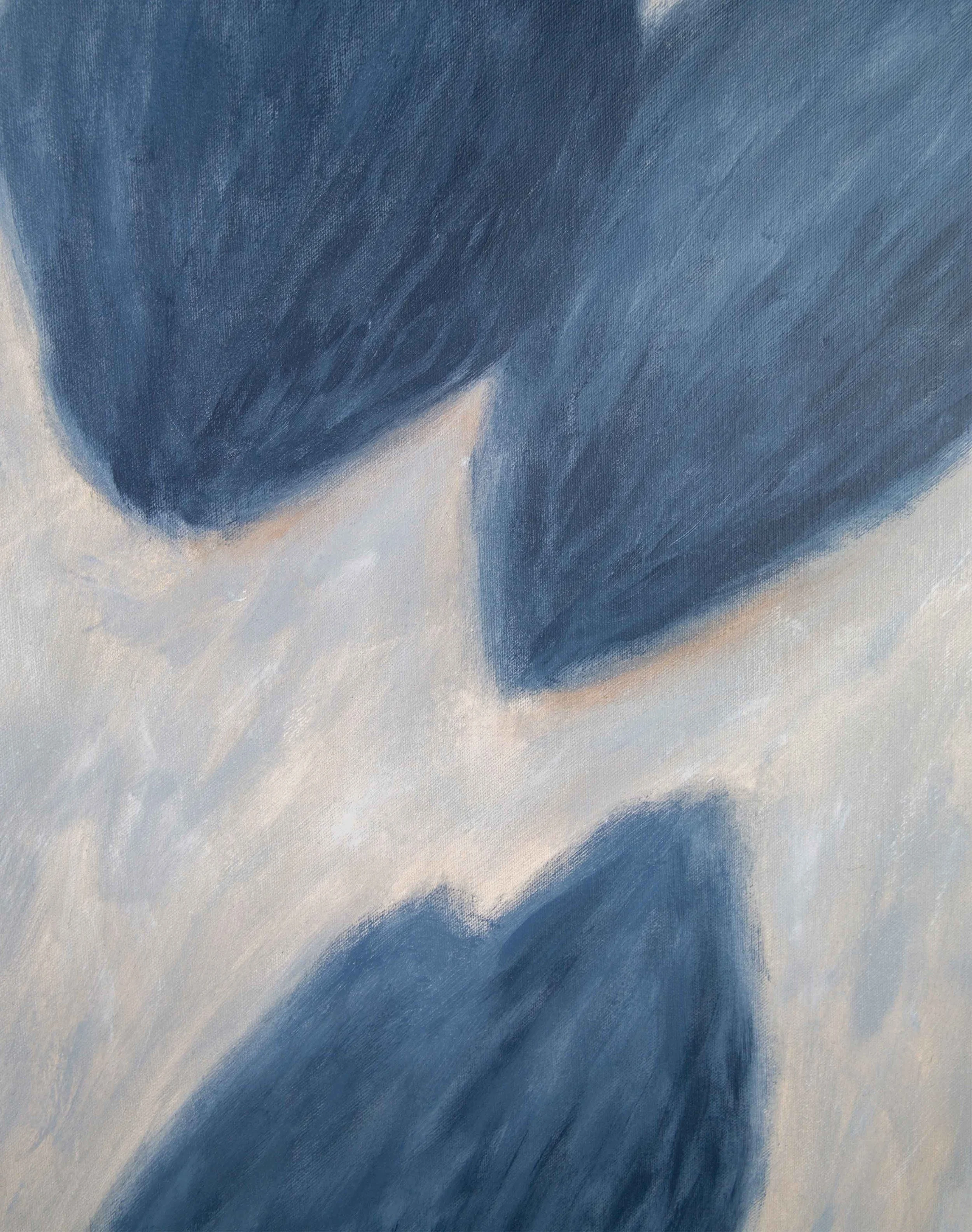 Close detail of blue-grey brushwork and lightly held leaf-like forms from The Quiet That Holds You There, showing textured acrylic surface, subtle movement, and the undulating rhythm of the painting.
