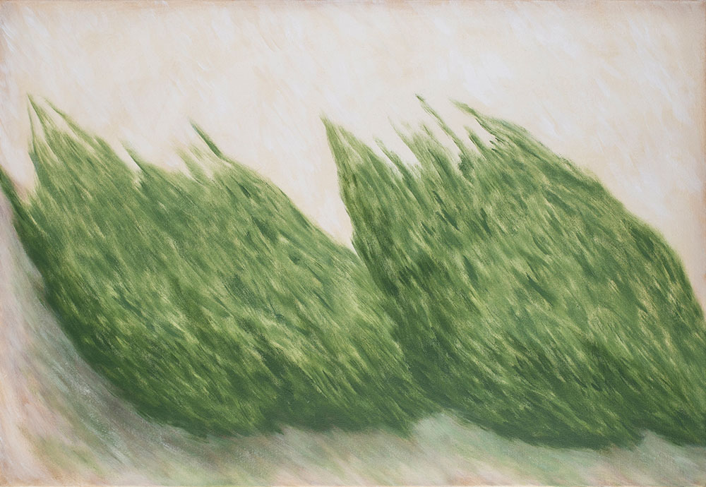 Abstract painting with green tones moving diagonally across the surface and two subtle forms held in quiet relation. The open composition evokes the ease, balance, and sense of belonging found among trees.