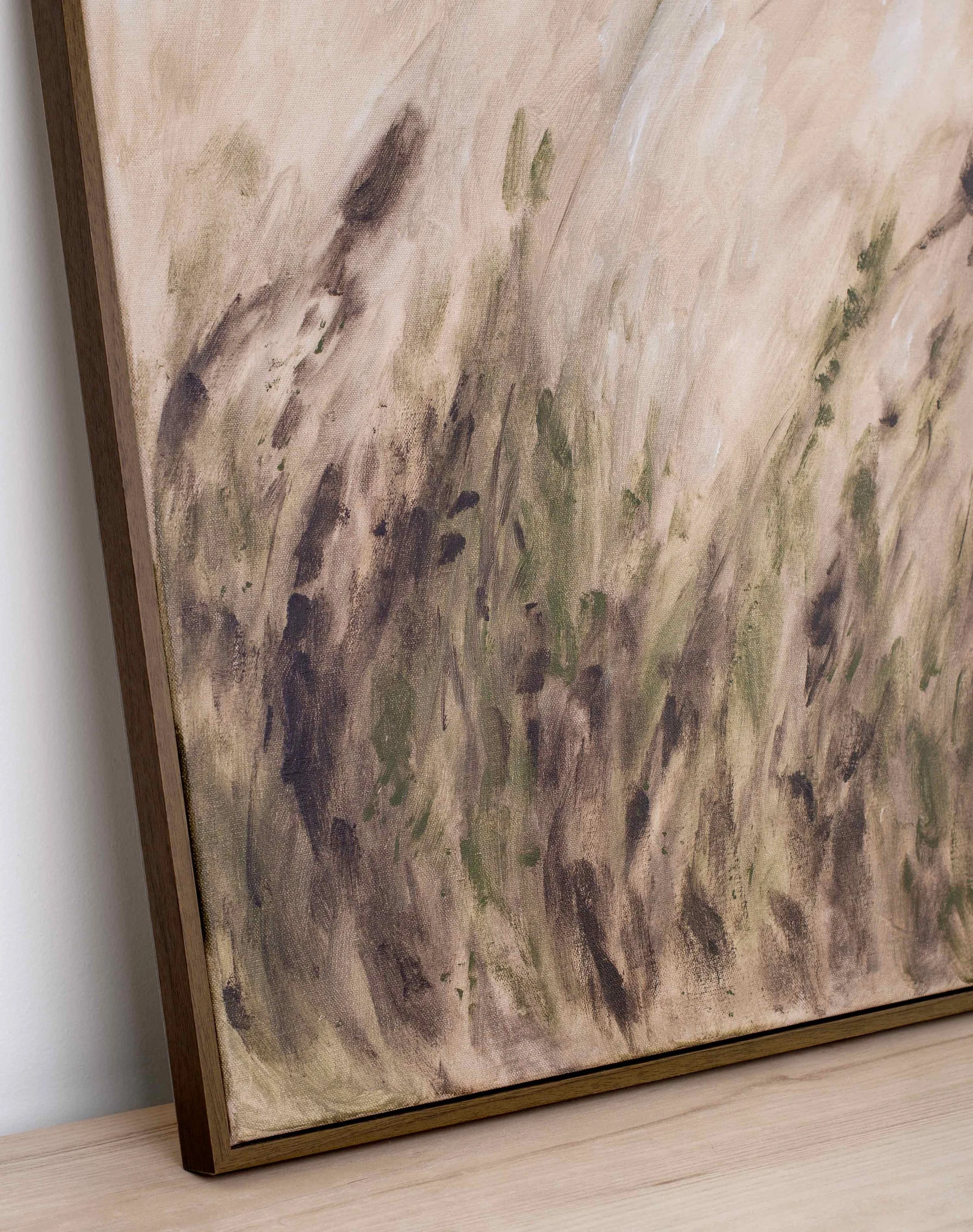 Close detail of dense brown and green brushwork from Thicket, showing interlaced marks, textured acrylic layers, and the compact movement of the painting’s surface.