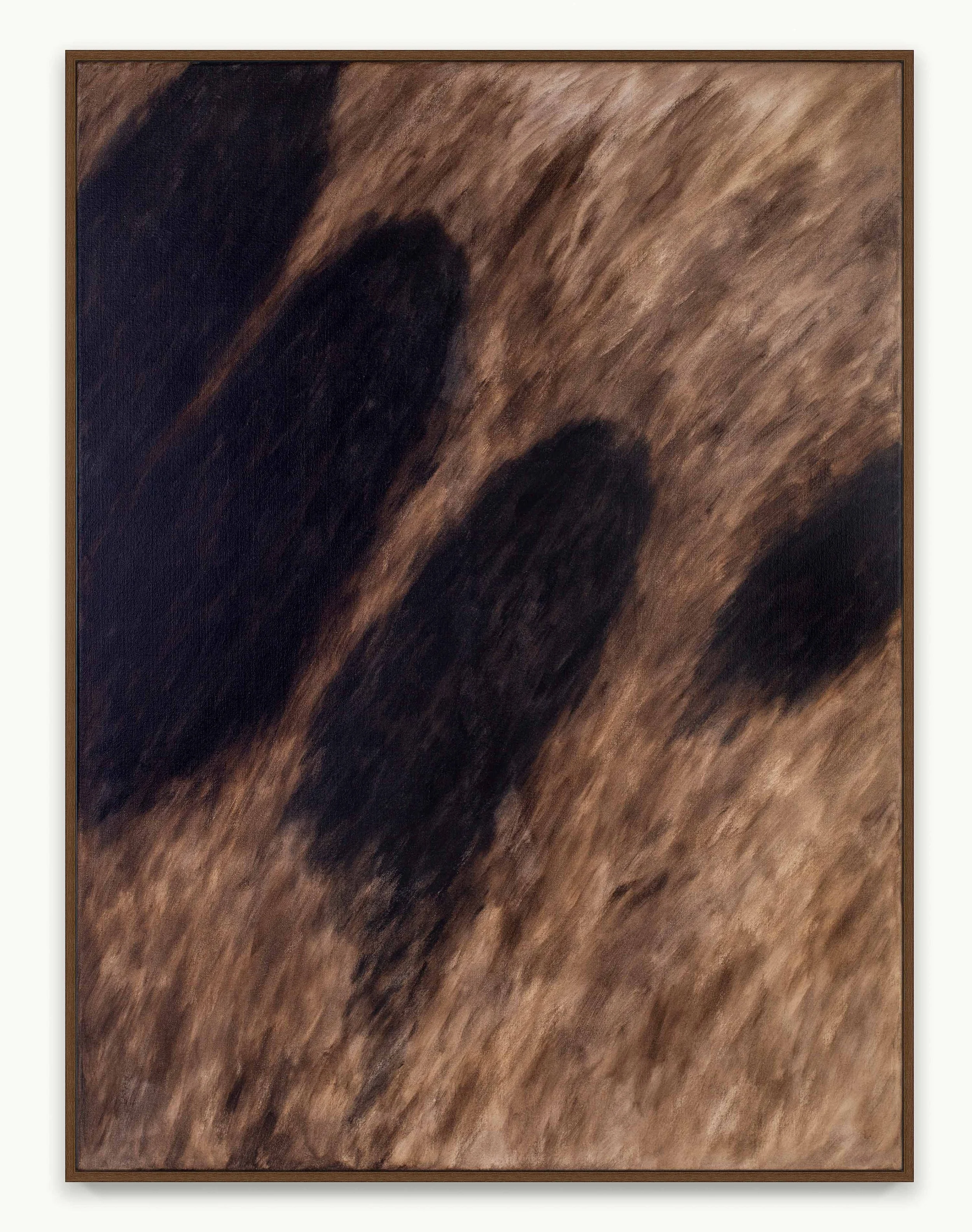 Abstract painting in warm earthy tones with dark organic forms moving across a layered surface. Rhythmic brushstrokes evoke the texture of the forest floor, shadows beneath a canopy, and the grounding comfort of remembered landscape.