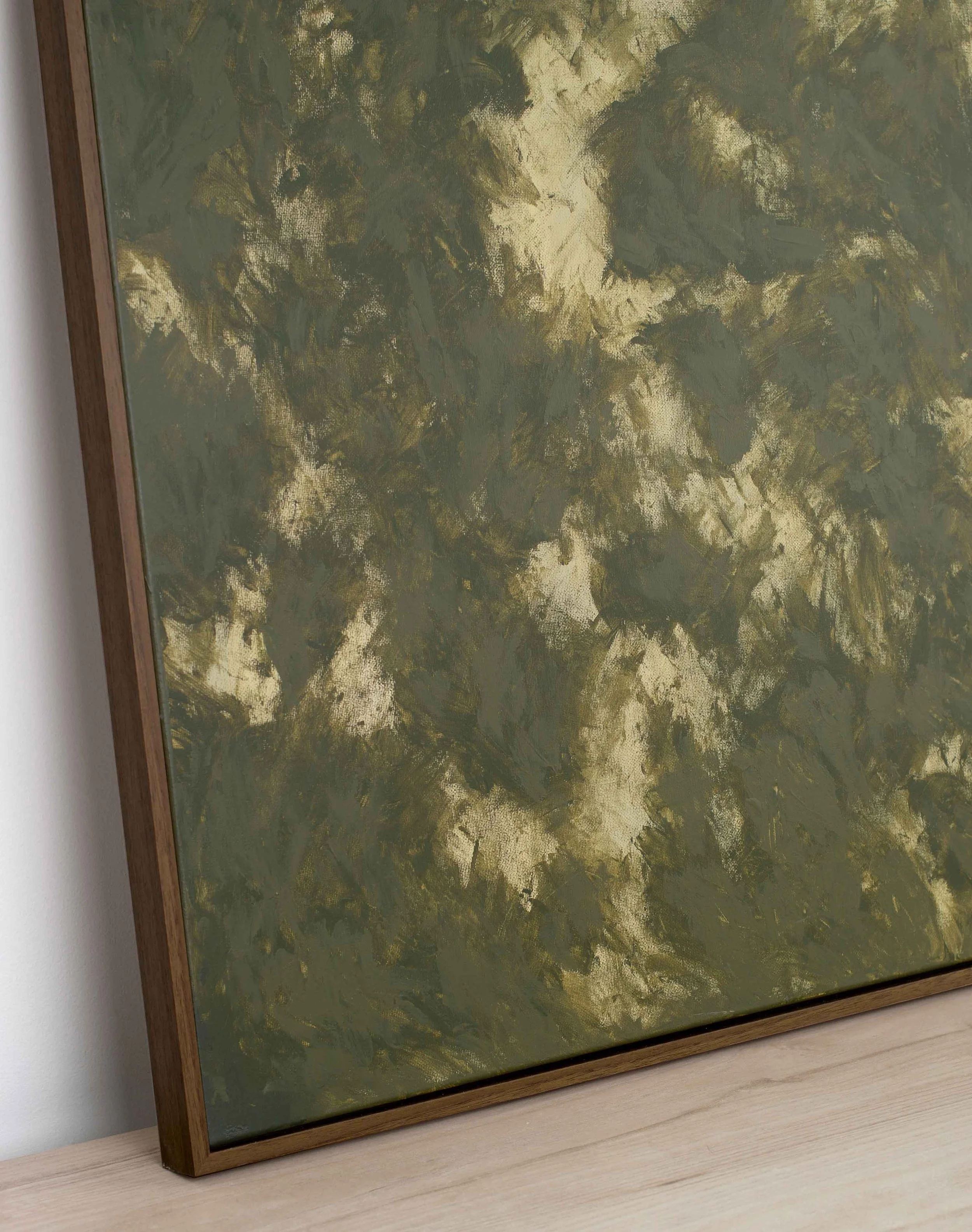 Close detail of gestural green and earth-toned brushwork from The Waiting Forest, revealing tactile acrylic texture, overlapping marks, and the shifting energy of the forest-like surface.