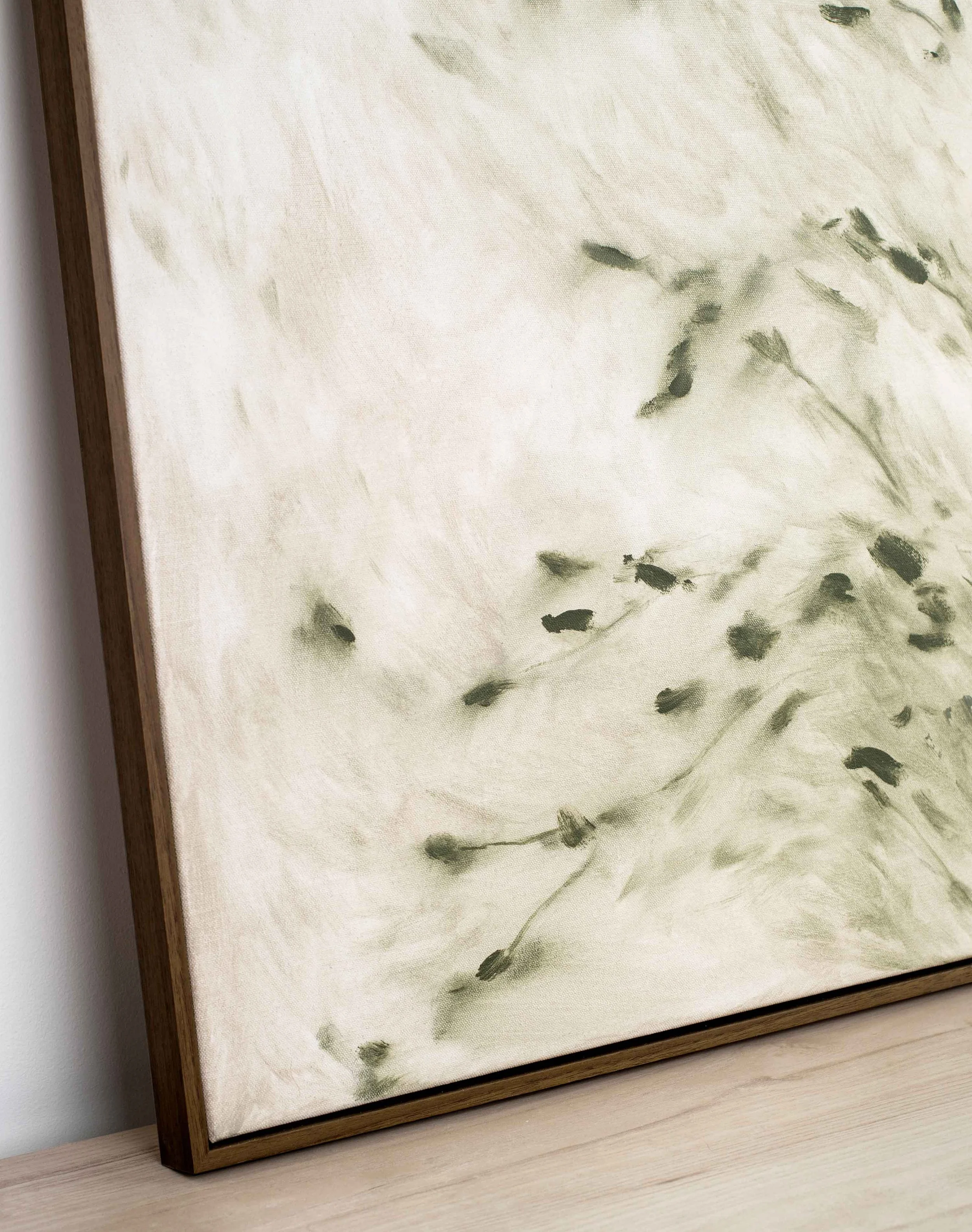 Close detail of warm green brushstrokes and softened tonal passages from Where Light Settles, showing gestural paint handling, textured surface, and the flicker of dappled light across the composition.