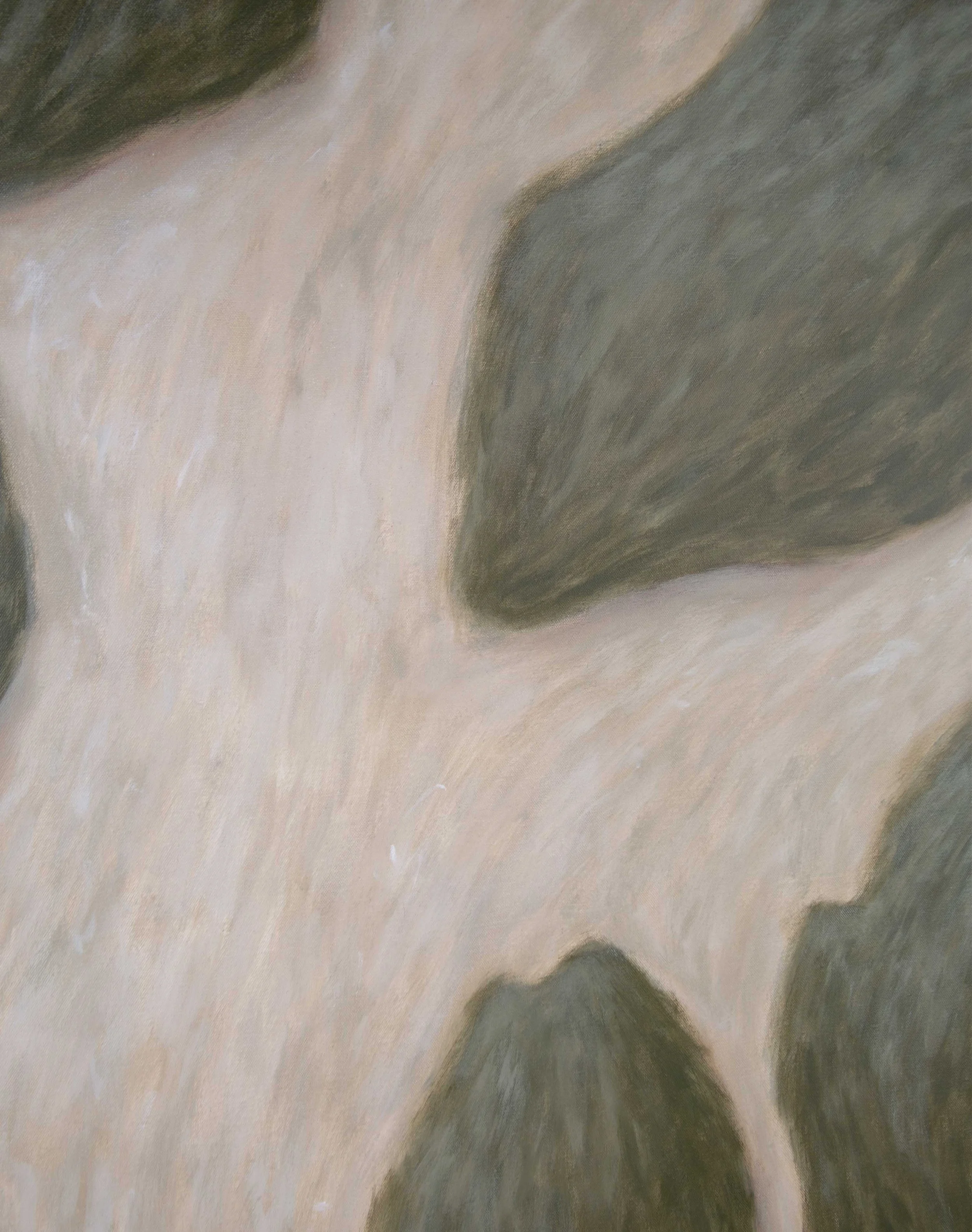 Close detail of layered green and earthy brushwork from The Gentle Weight of Simply Being Here, showing textured acrylic surface, suspended forms, and soft passages of filtered light.