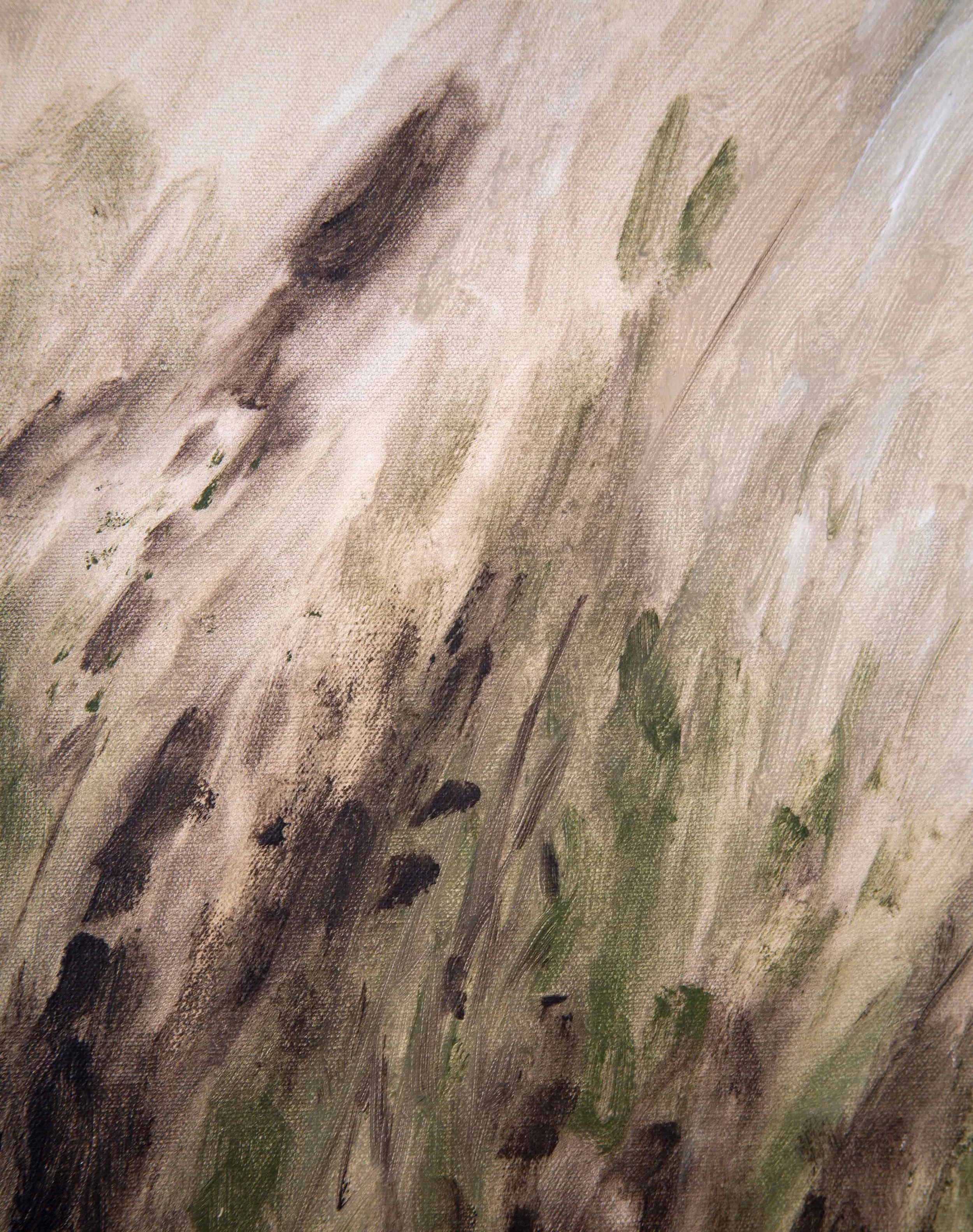 Close detail of dense brown and green brushwork from Thicket, showing interlaced marks, textured acrylic layers, and the compact movement of the painting’s surface.