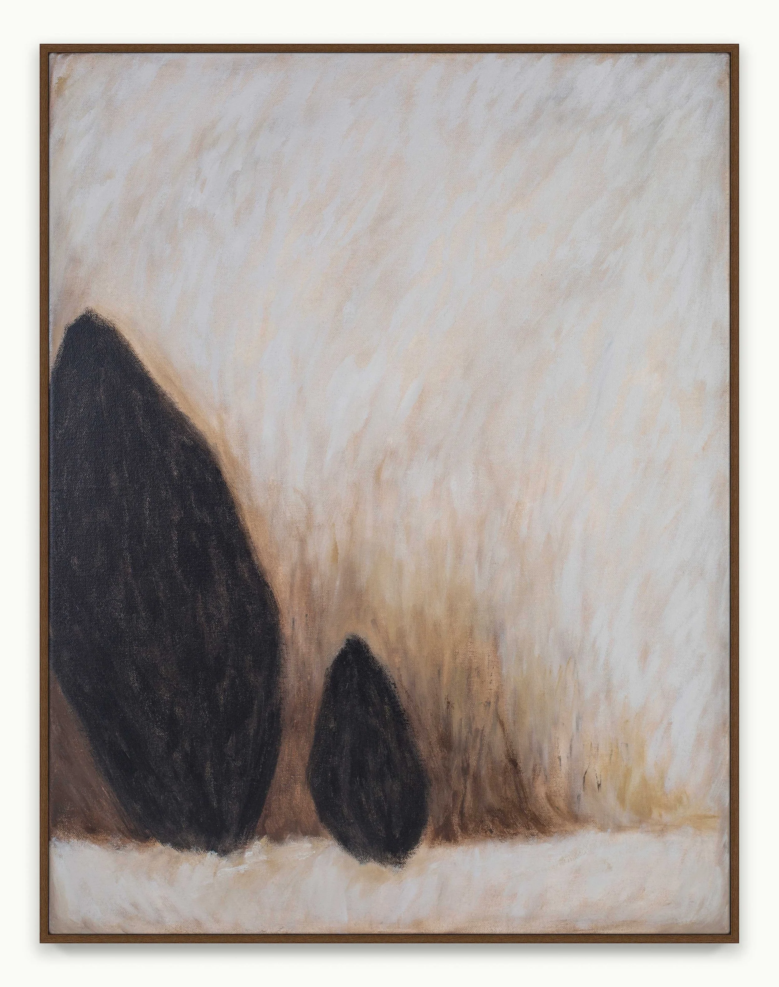 Abstract painting with subdued tones, layered brushwork, and two tree-like forms emerging in a soft, breathable space. Textured marks suggest a winter forest held in stillness, quiet awareness, and rest.