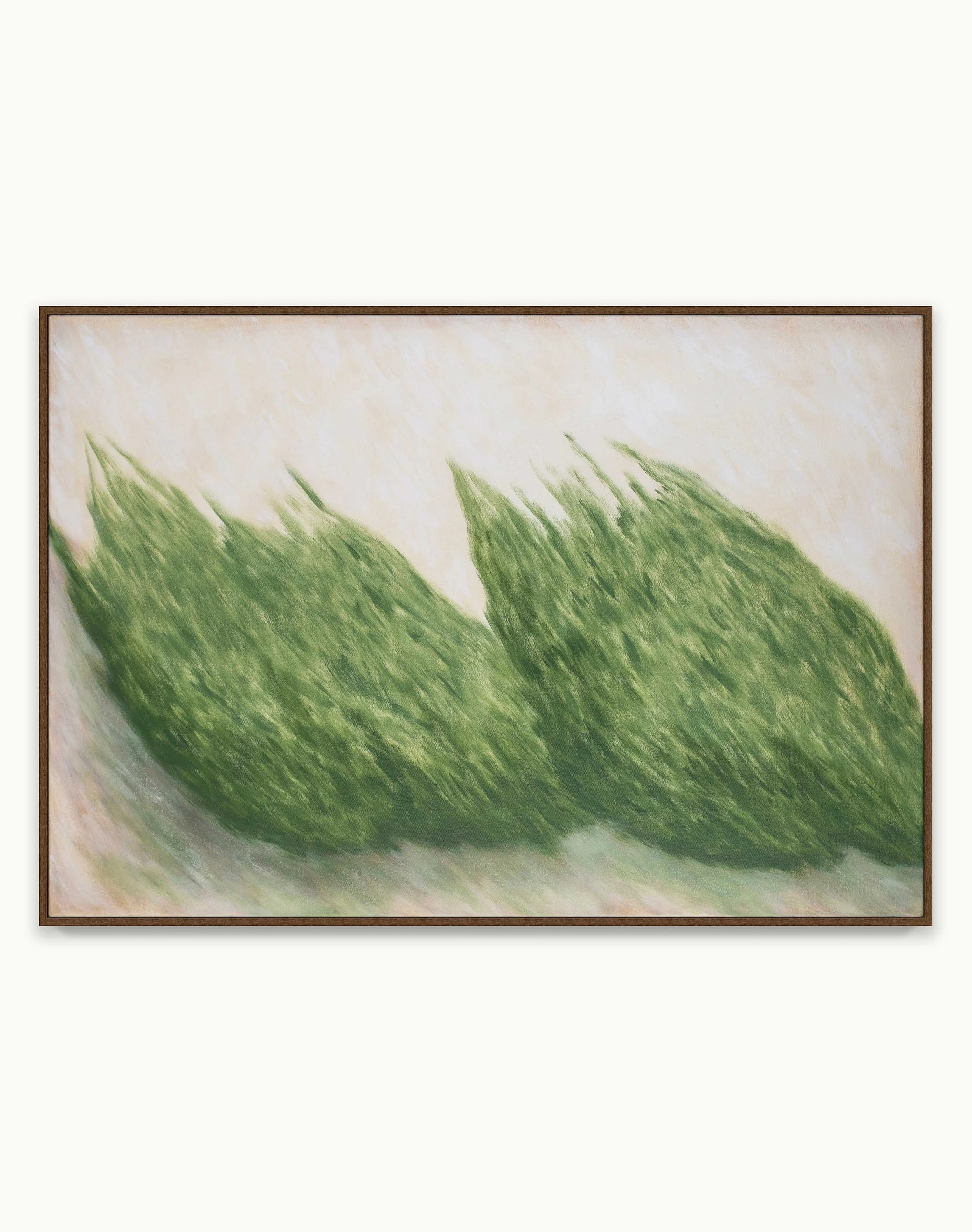 Abstract painting with green tones moving diagonally across the surface and two subtle forms held in quiet relation. The open composition evokes the ease, balance, and sense of belonging found among trees.