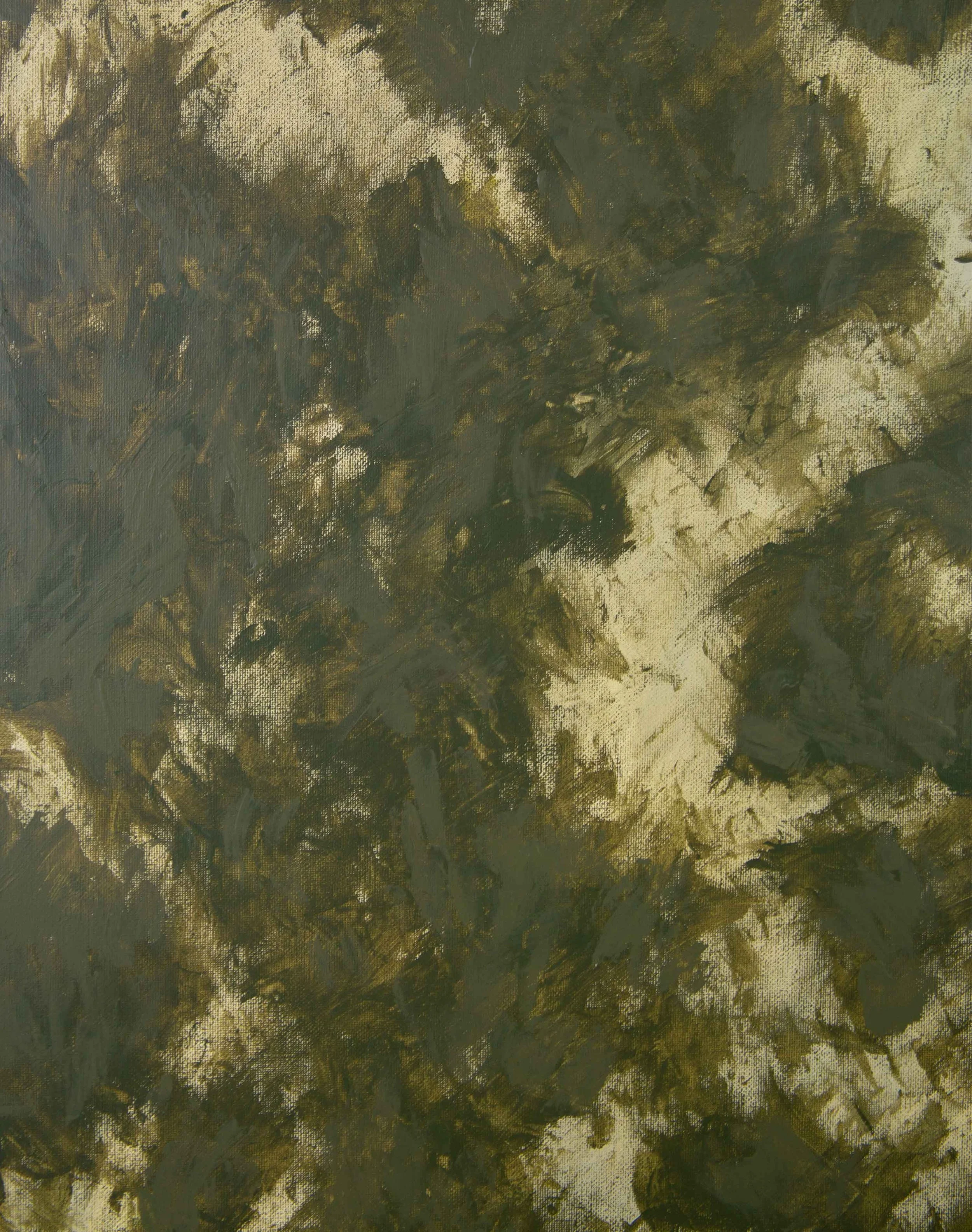Close detail of gestural green and earth-toned brushwork from The Waiting Forest, revealing tactile acrylic texture, overlapping marks, and the shifting energy of the forest-like surface.
