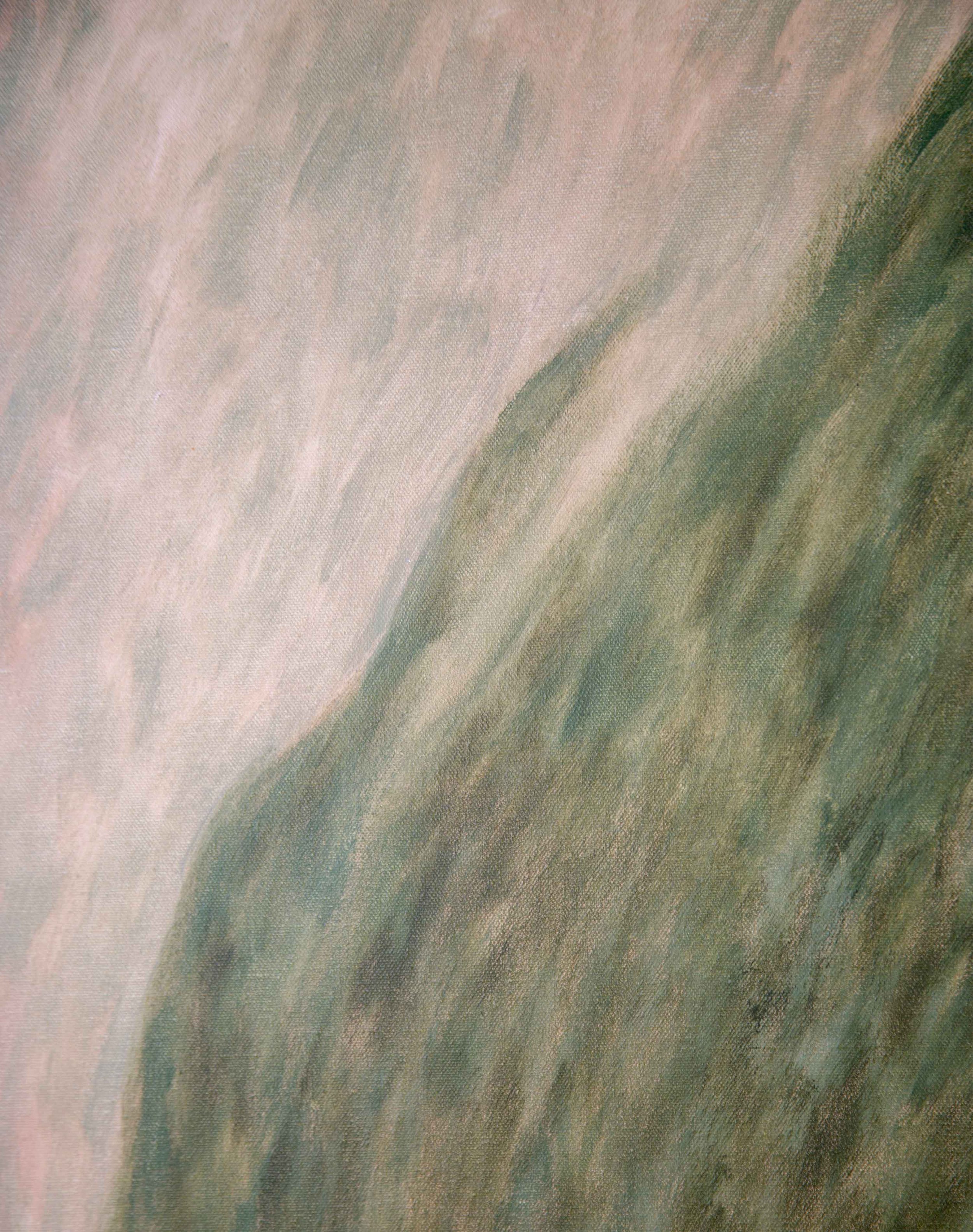 Close detail of layered green brushwork and softened diagonal marks from Breathing Slowly, Trees Swaying, showing textured acrylic surface, subtle tonal variation, and the movement of paint across the canvas.