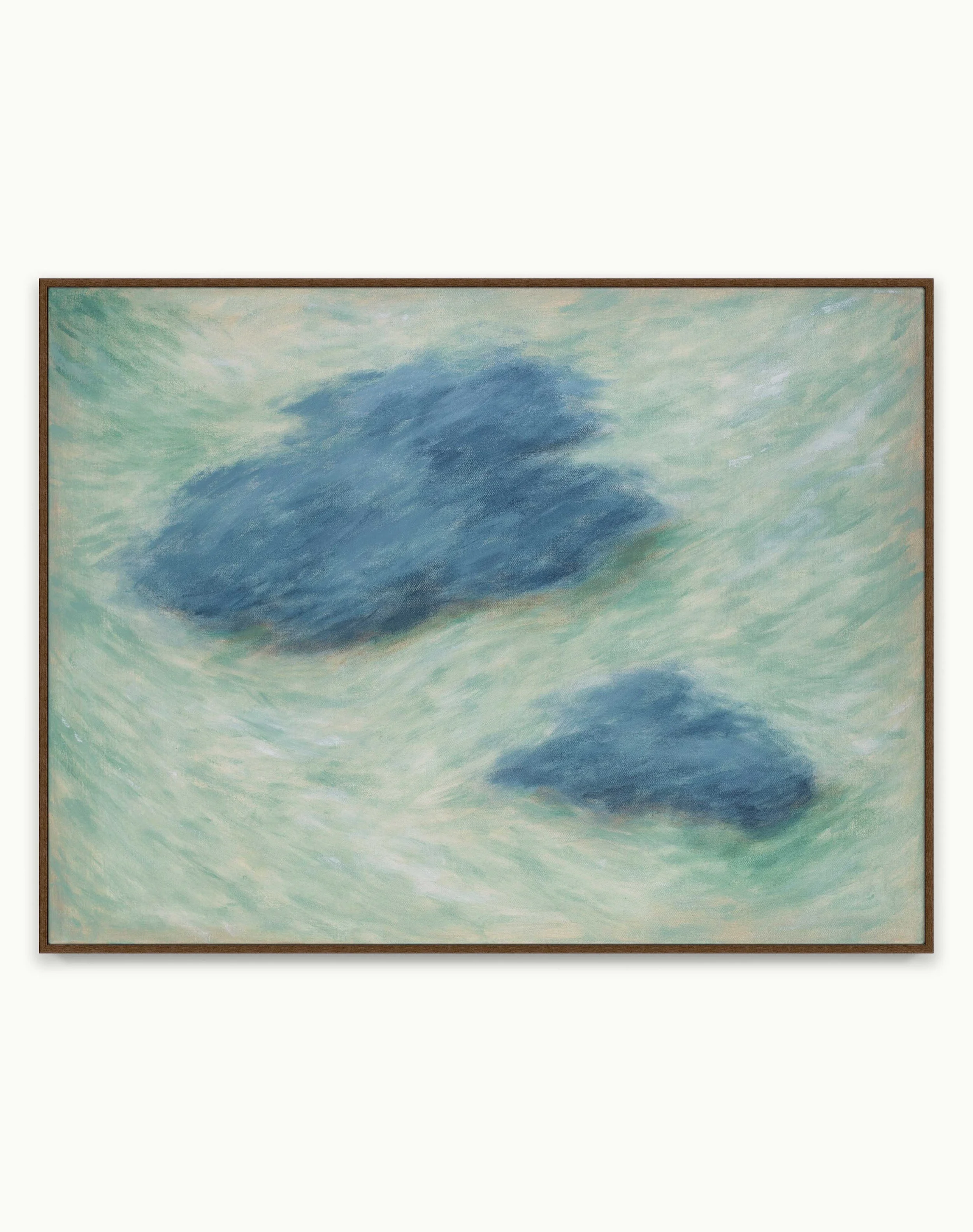 Abstract painting in soft blues and pale greens with layered, textural brushstrokes and two cloud-like forms drifting through an airy, open composition. The surface suggests moving air, quiet reflection, and a sense of suspended thought.