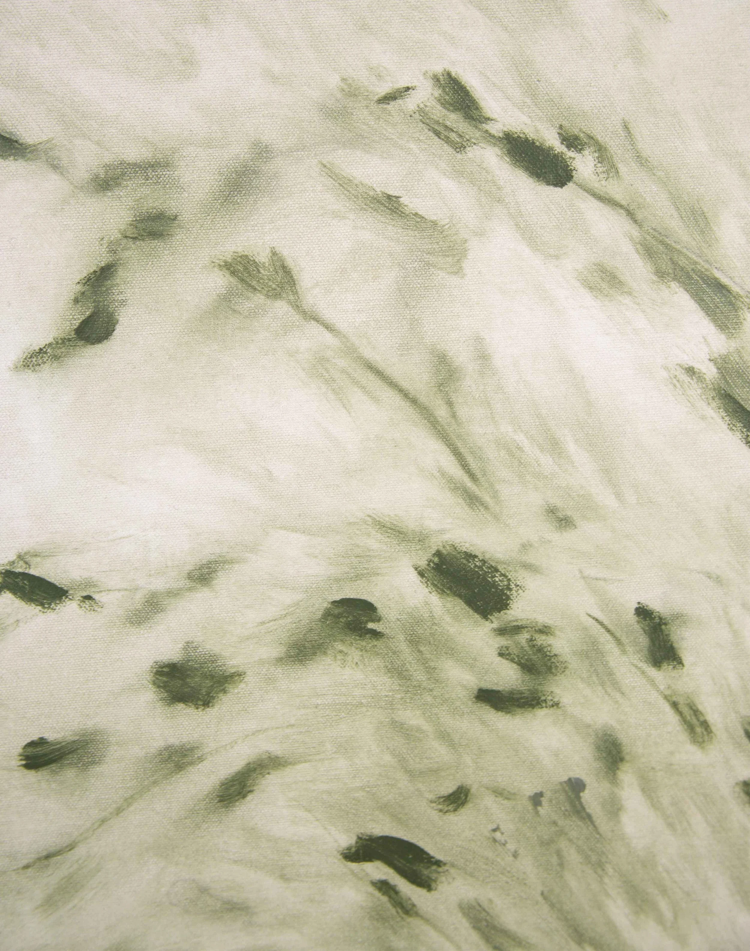 Close detail of warm green brushstrokes and softened tonal passages from Where Light Settles, showing gestural paint handling, textured surface, and the flicker of dappled light across the composition.