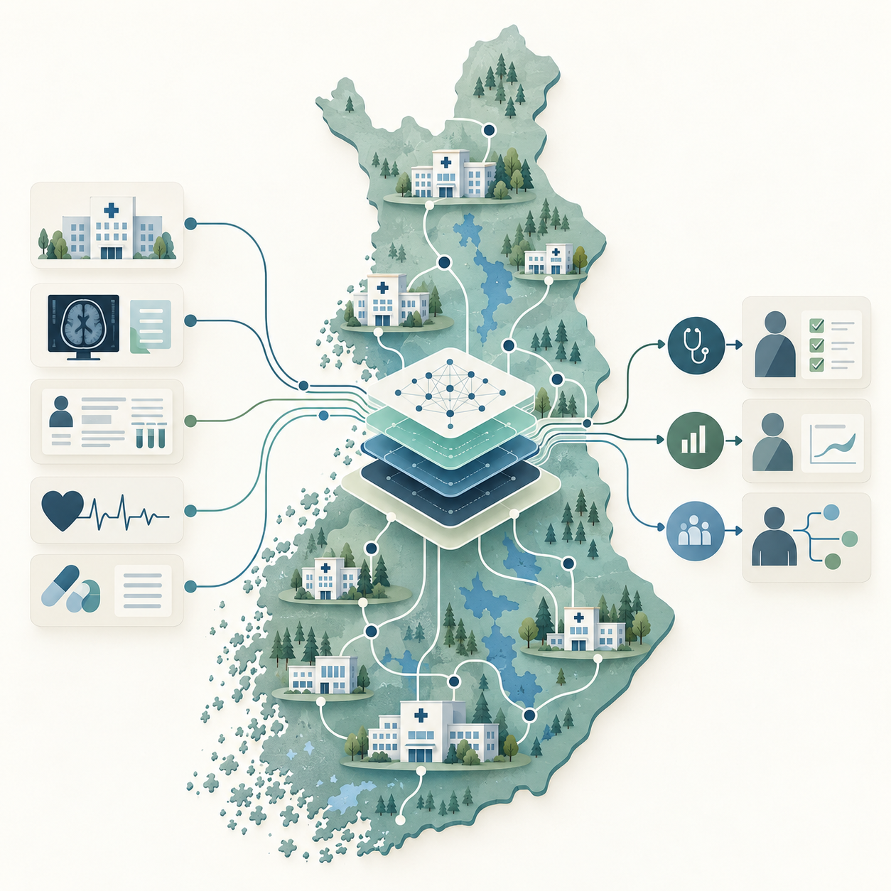 Conceptual illustration: Nationwide healthcare AI connecting Finnish health data