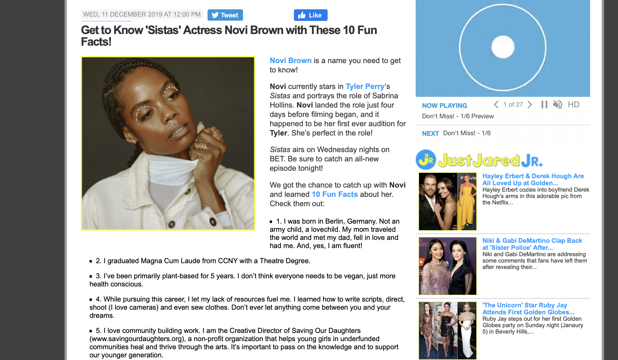 Novi Brown Featured On JustJared.com