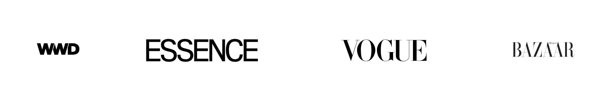 Logos of four magazines: WWD, Essence, Vogue, and Harper's Bazaar, displayed in black text on a white background.