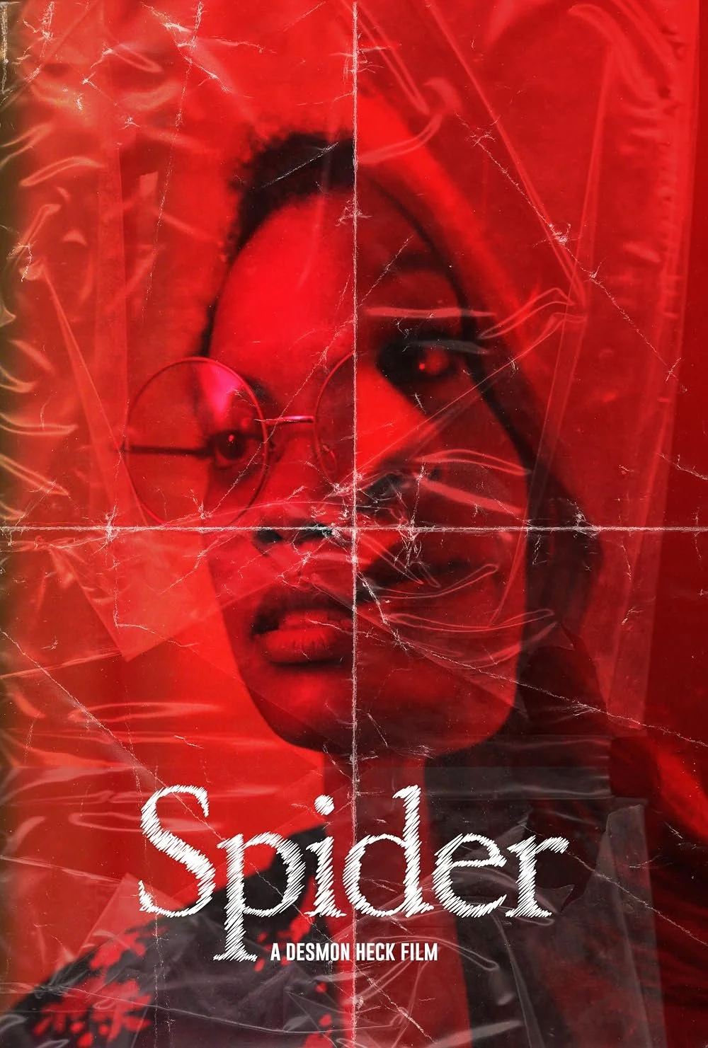 A woman with glasses and lipstick, partially visible through cracked red glass or plastic, with the title 'Spider' and the subtitle 'A DESMON HECK FILM' on the image.