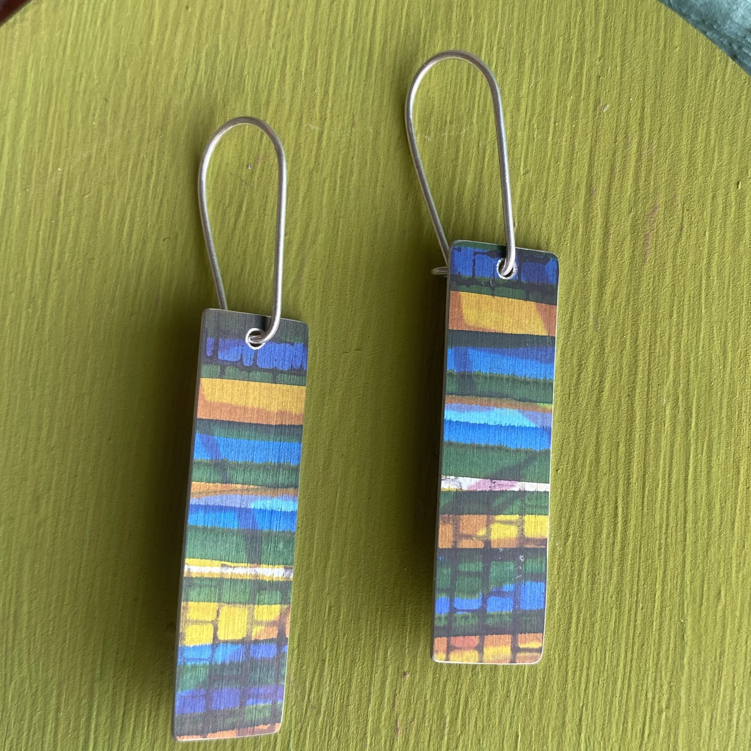 Rectangle Aluminium Earrings Blues/Yellow/Red