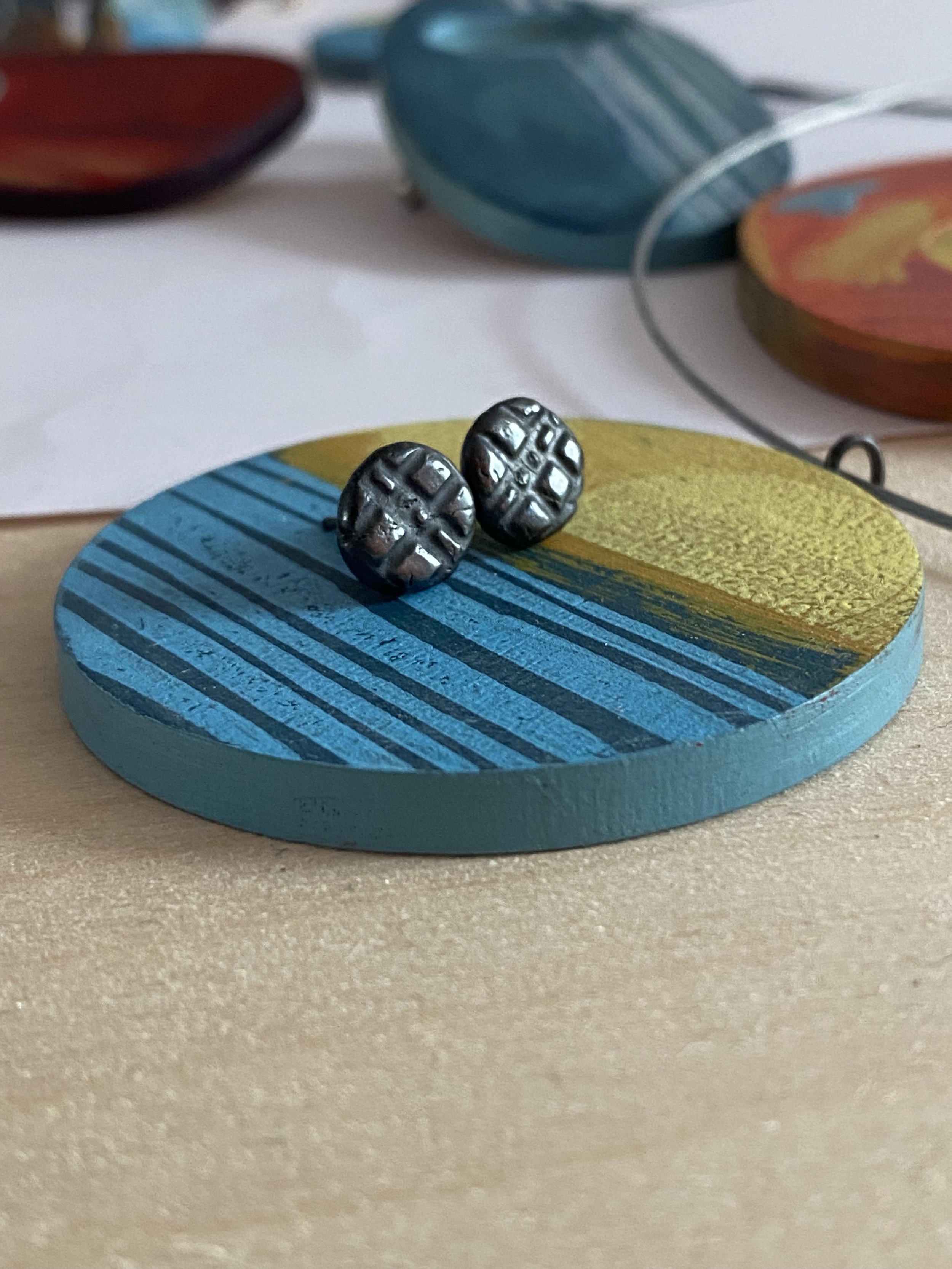 Round Textured Fine Silver Studs Oxidised