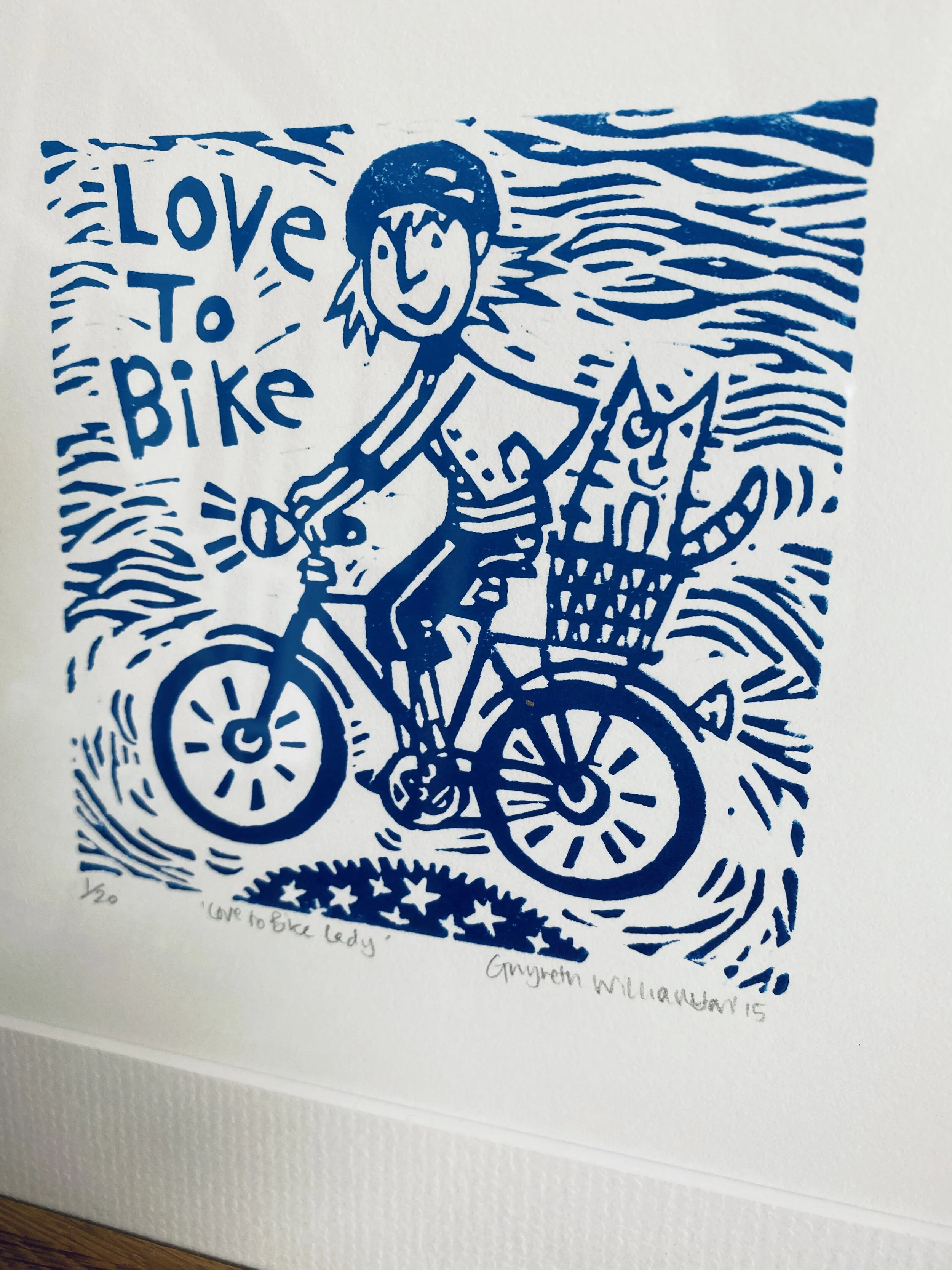 Love to Bike Lady Linocut Print