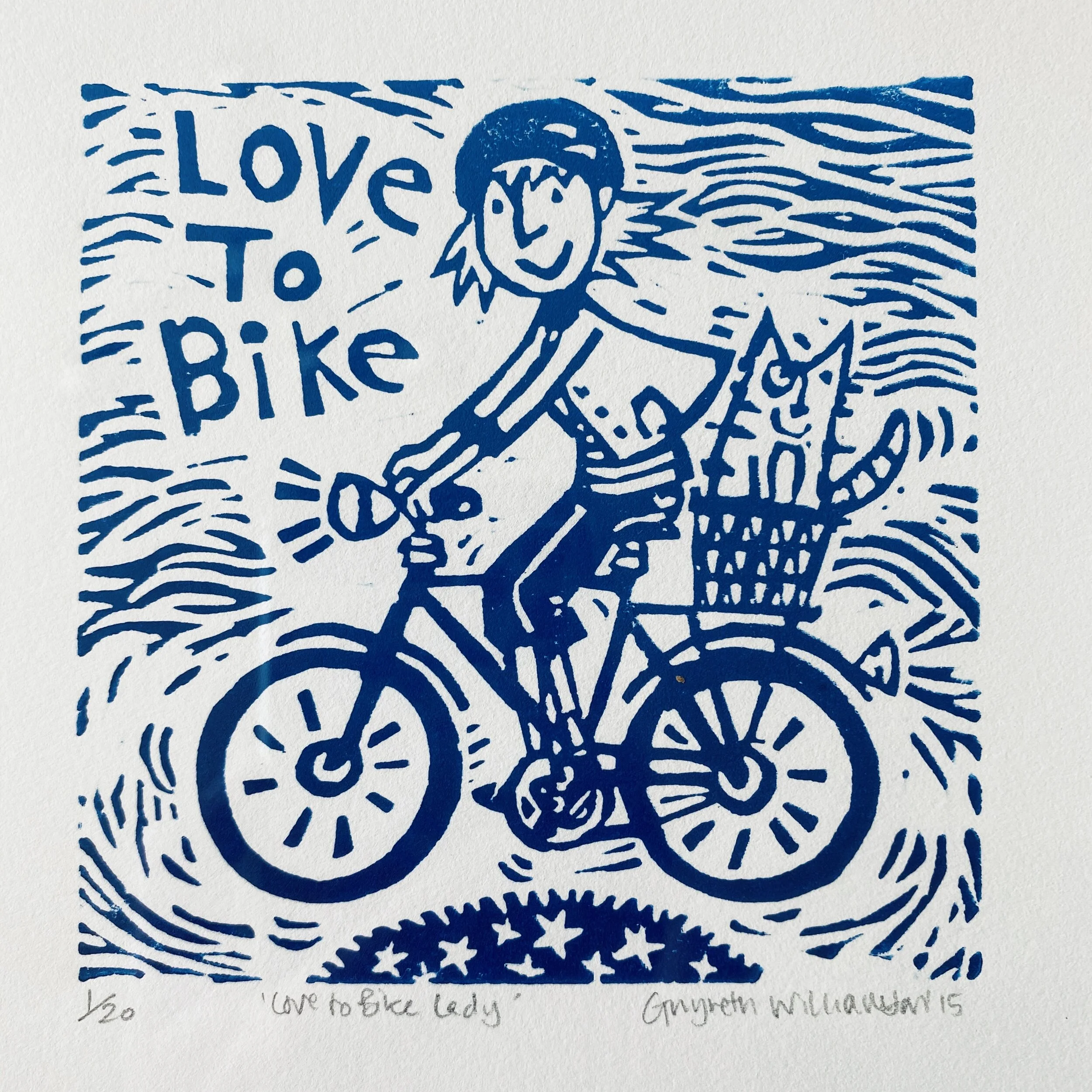 Love to Bike Lady Linocut Print