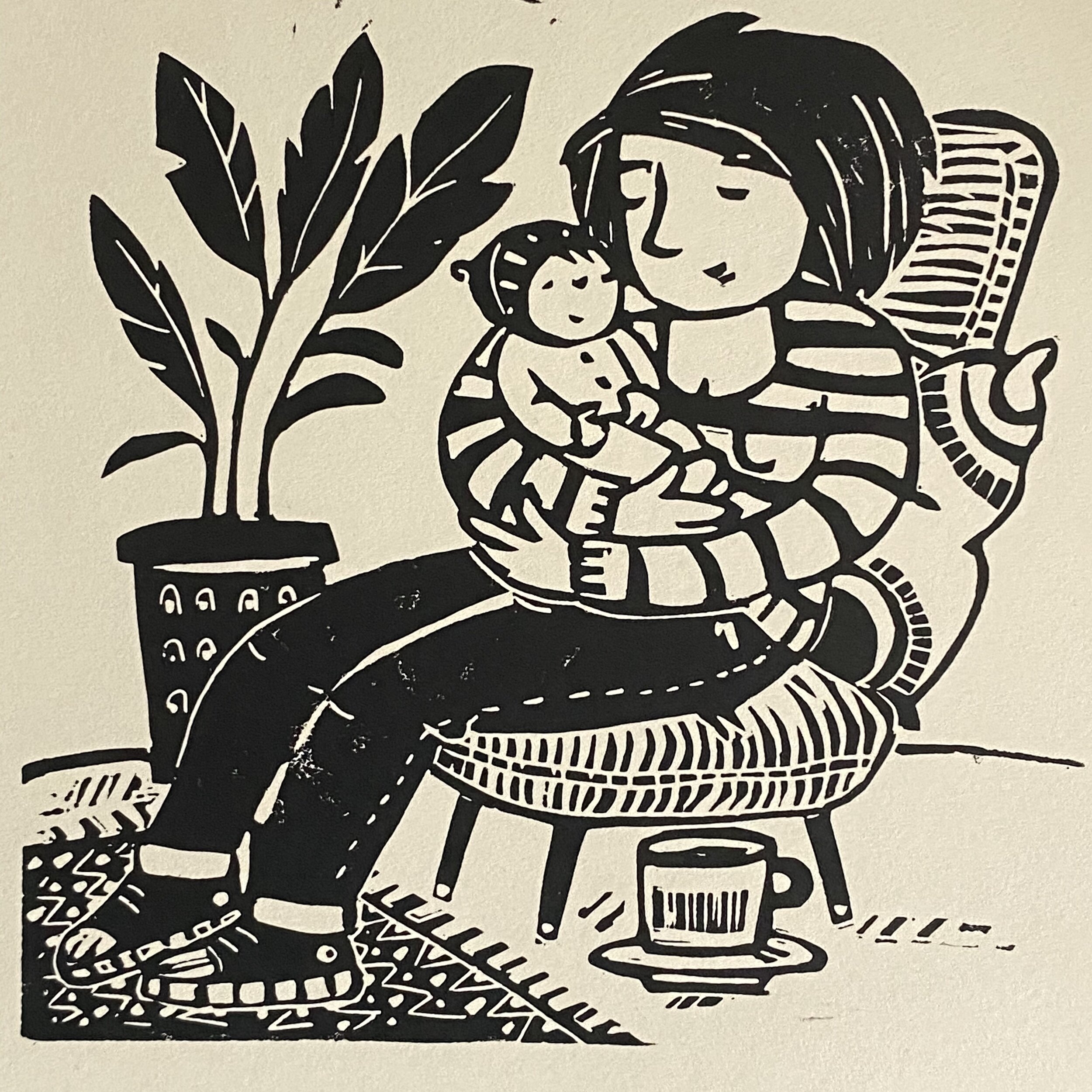 Mother and Baby Lino Cut Print Greeting Card