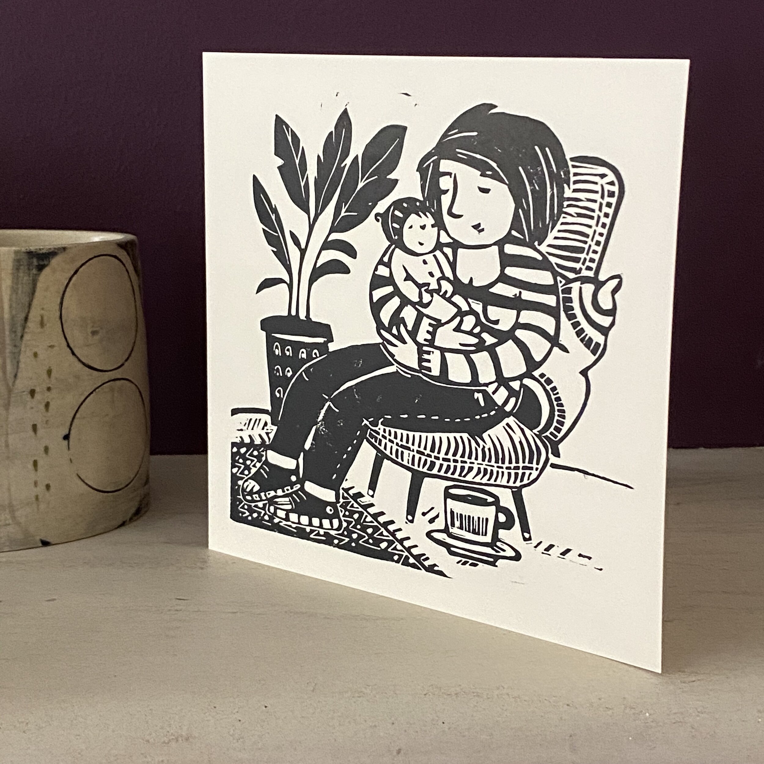Mother and Baby Lino Cut Print Greeting Card