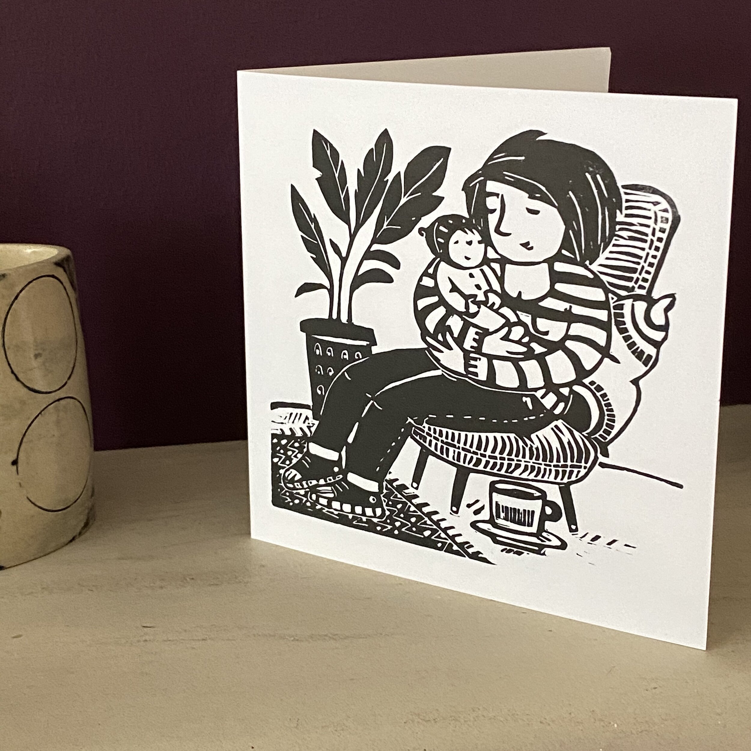 Mother and Baby Lino Cut Print Greeting Card