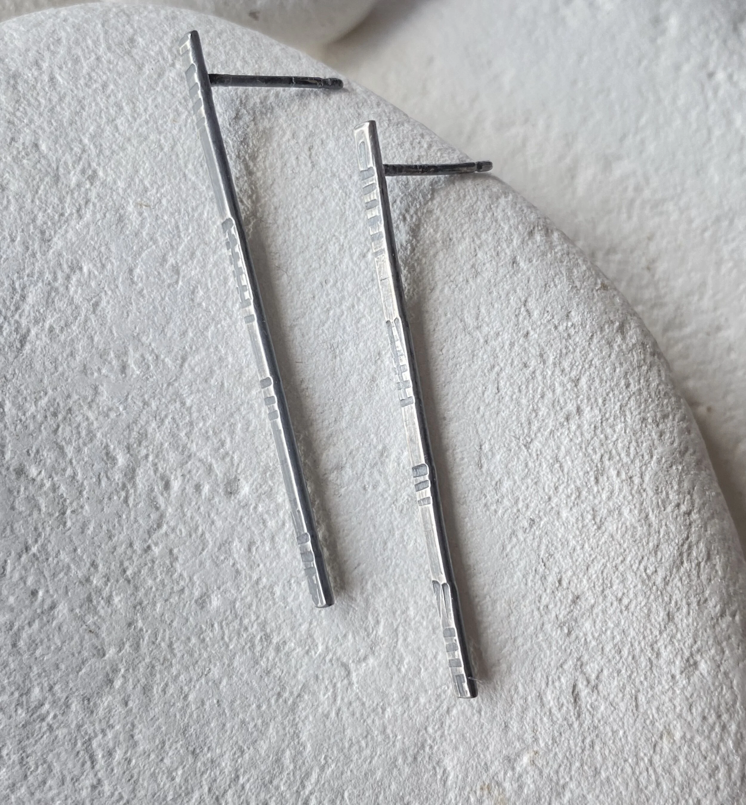 Oxidised Long Stamped Silver Stick Studs