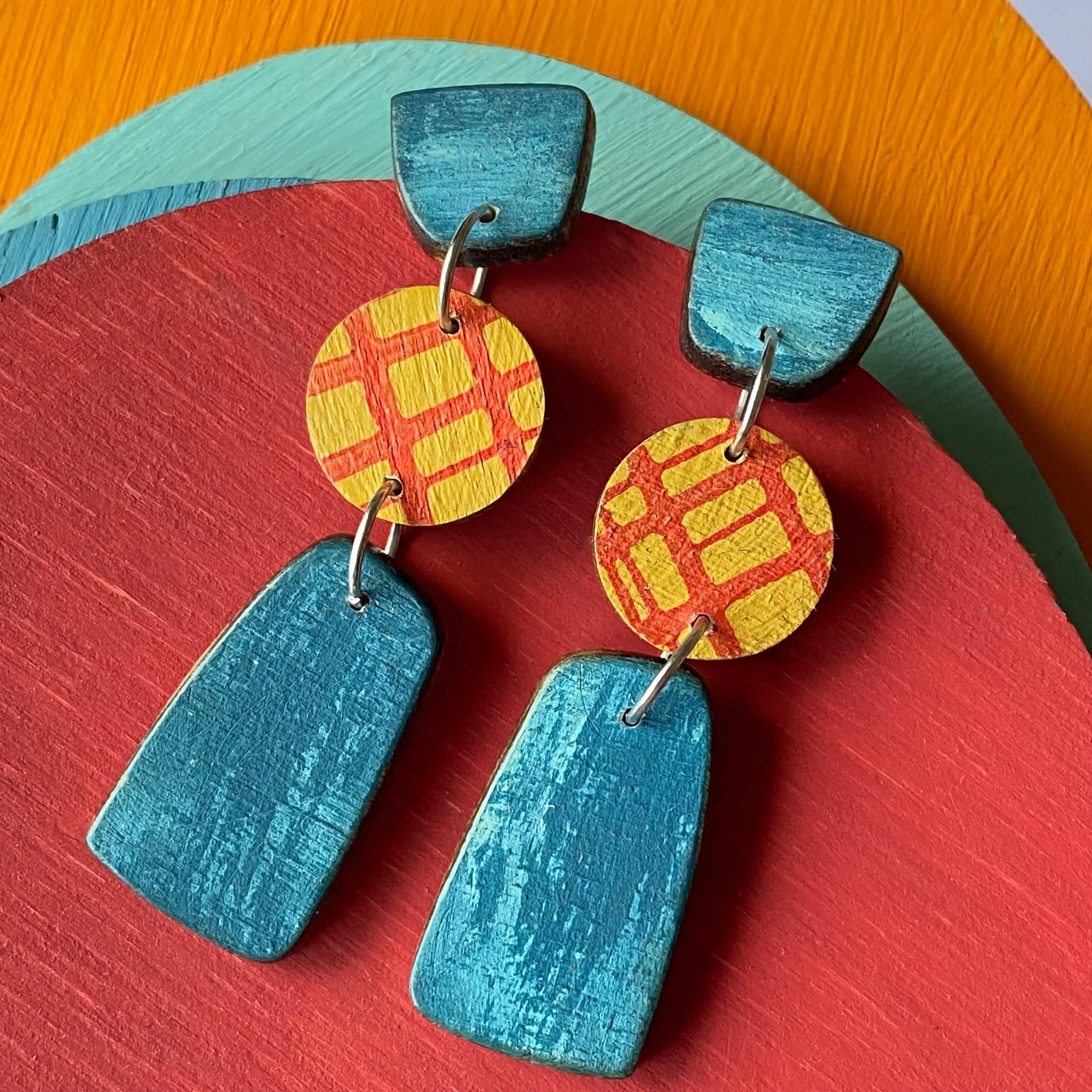 Wooden Triple Dangle Earrings- Blue/yellow