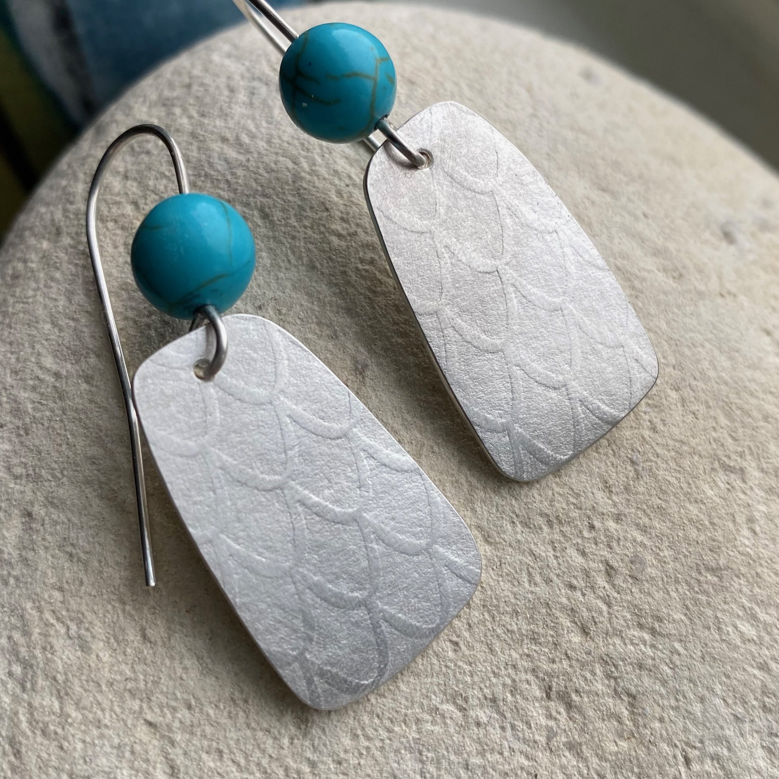 Silver textured earrings turquoise gemstone