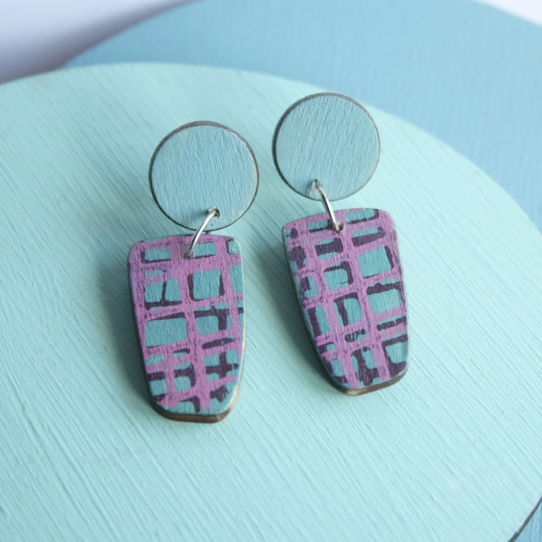 Wooden Dangle Earrings- blue/teal/pink