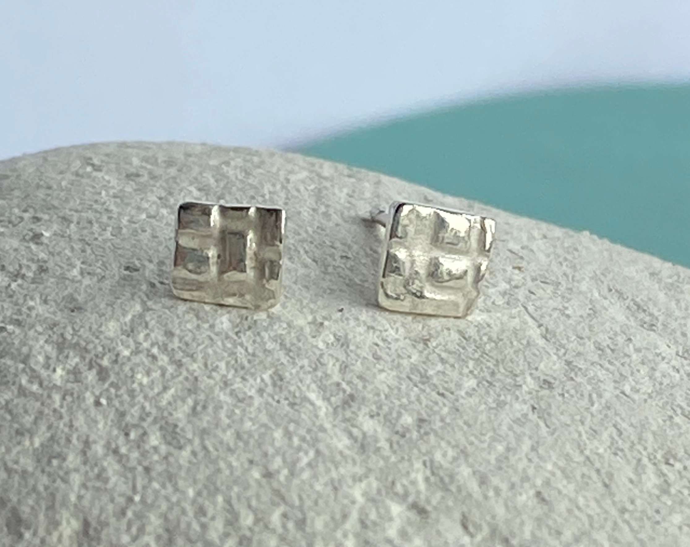 Dinky Square Textured Mismatched Fine Silver Studs-check pattern