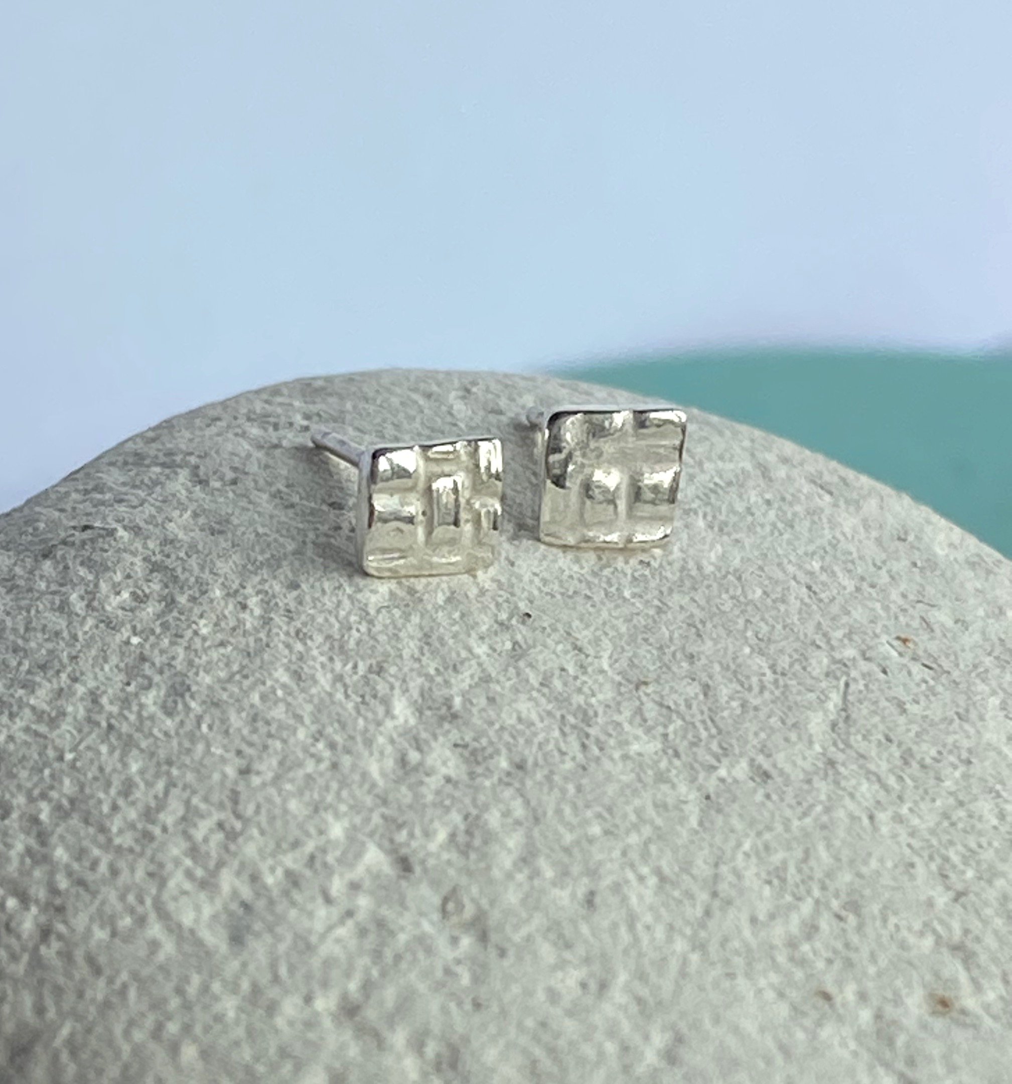 Dinky Square Textured Mismatched Fine Silver Studs-check pattern
