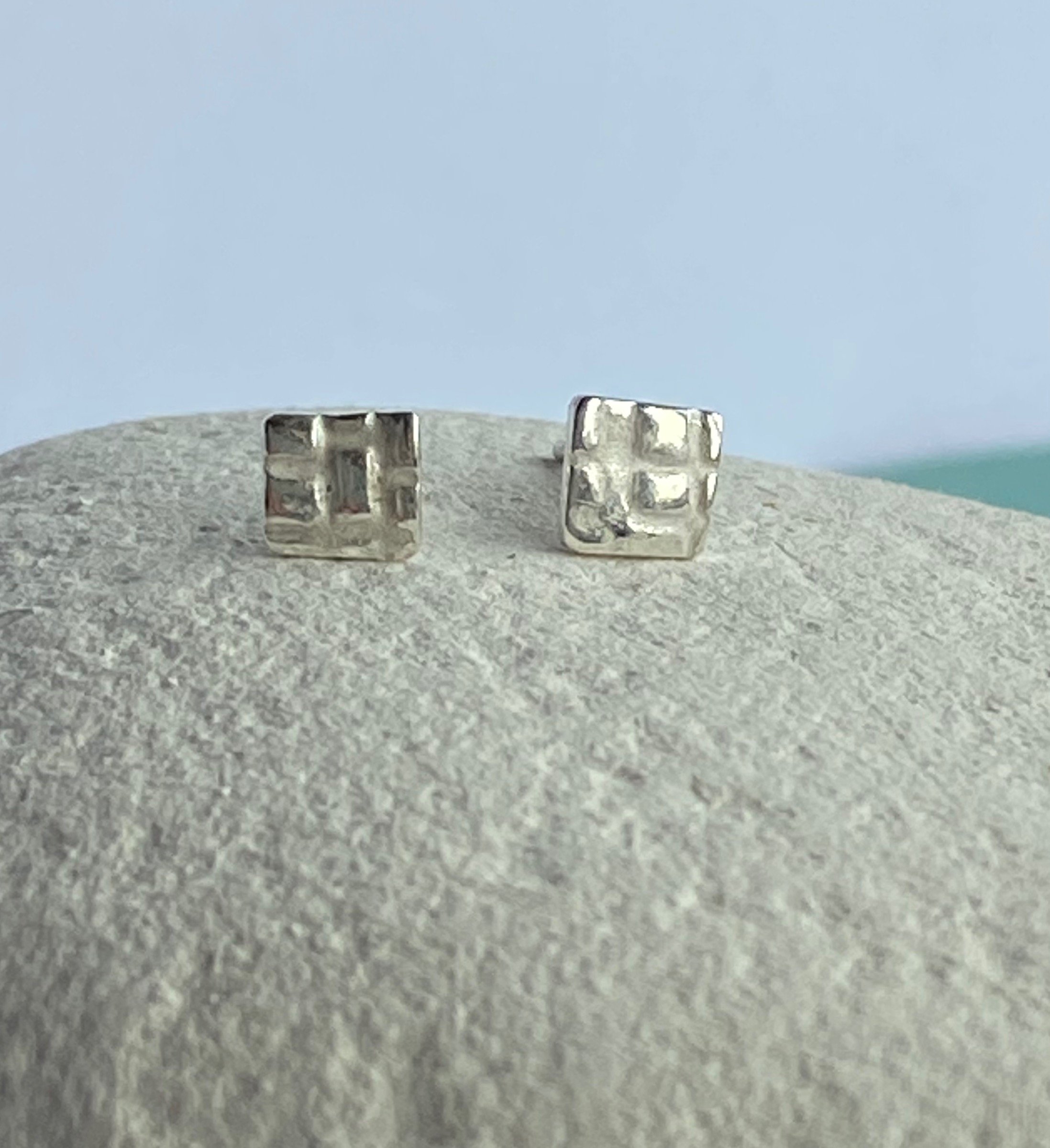 Dinky Square Textured Mismatched Fine Silver Studs-check pattern
