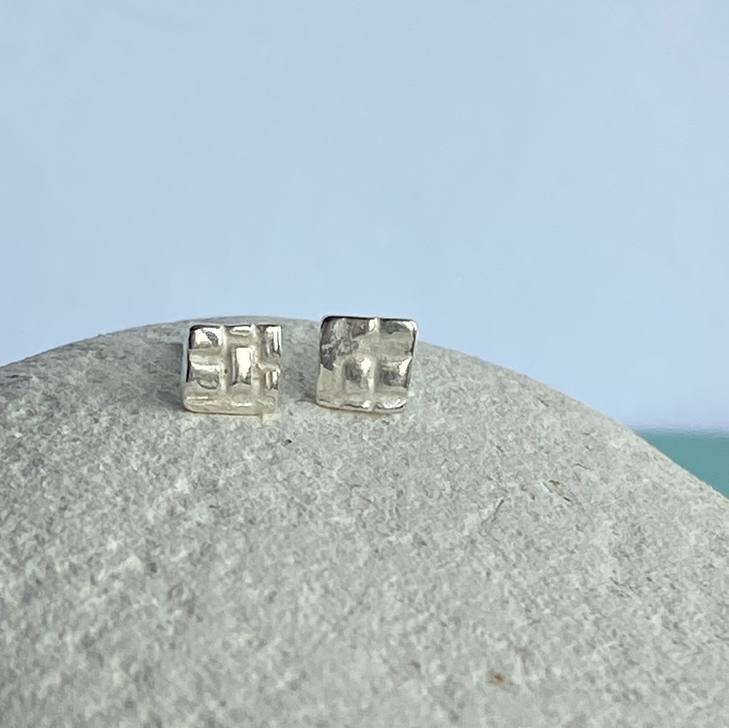 Dinky Square Textured Mismatched Fine Silver Studs-check pattern