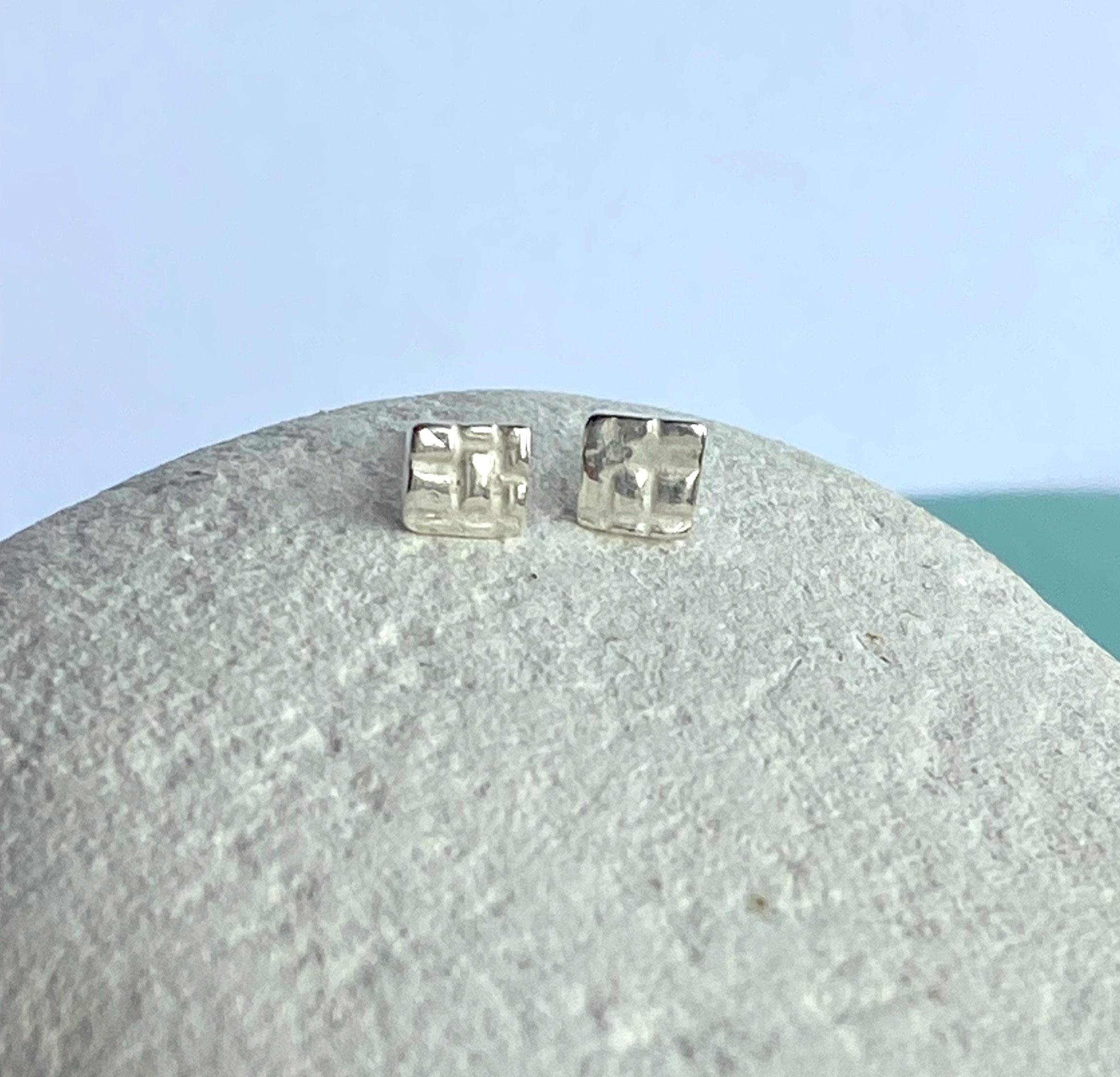 IDinky Square Textured Mismatched Fine Silver Studs-check pattern