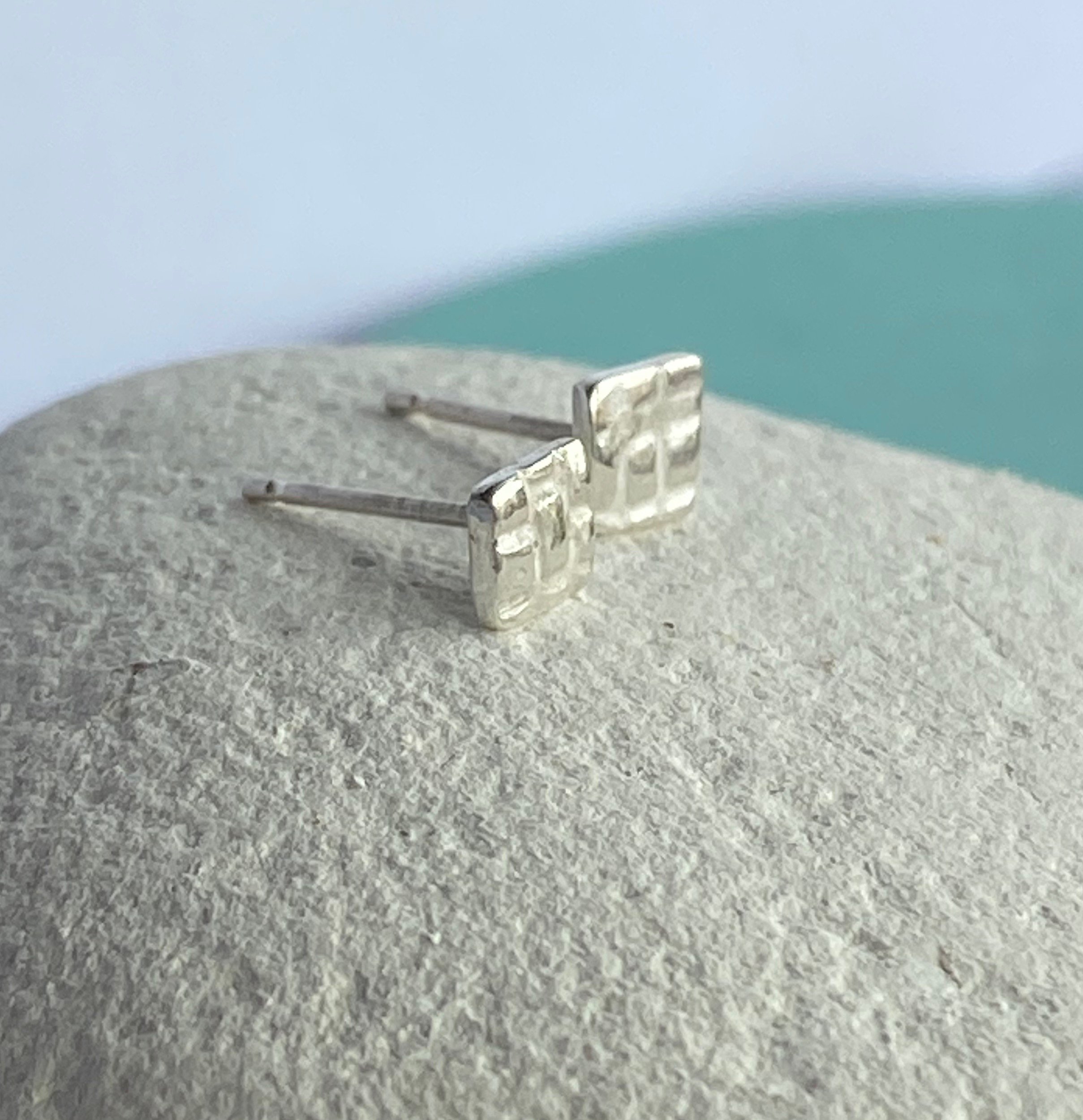 Dinky Square Textured Mismatched Fine Silver Studs-check pattern