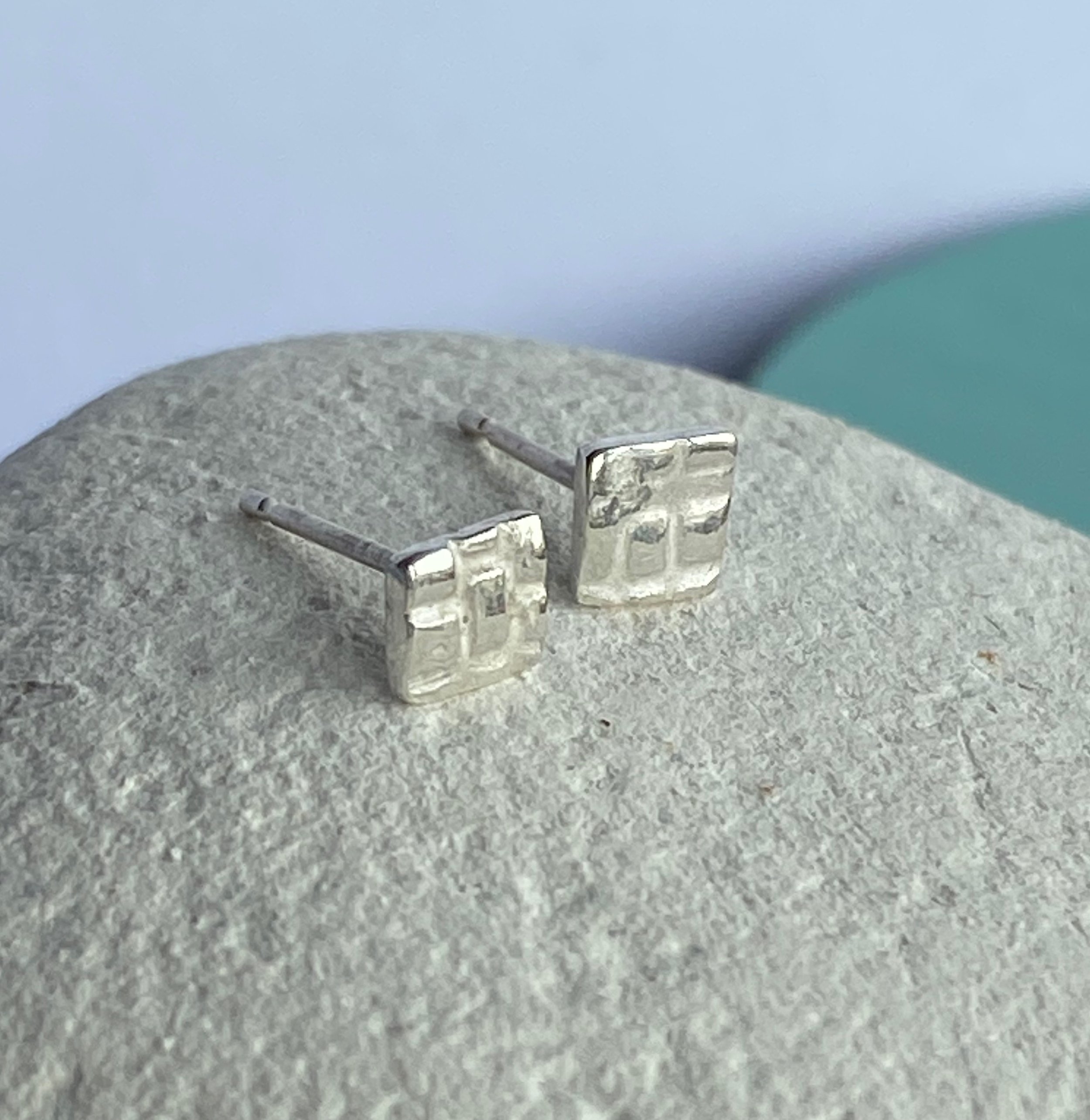 Dinky Square Textured Mismatched Fine Silver Studs-check pattern