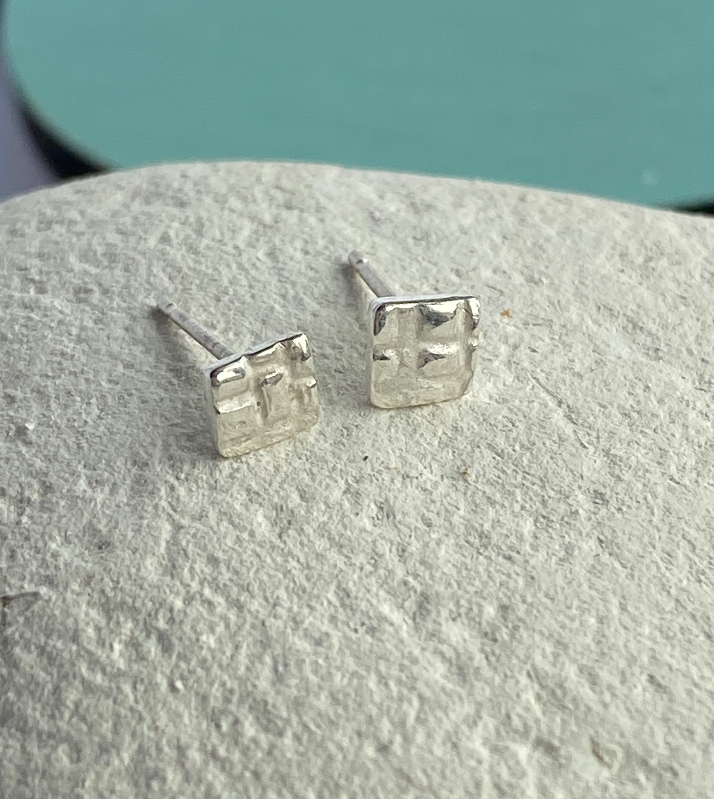 Dinky Square Textured Mismatched Fine Silver Studs-check pattern