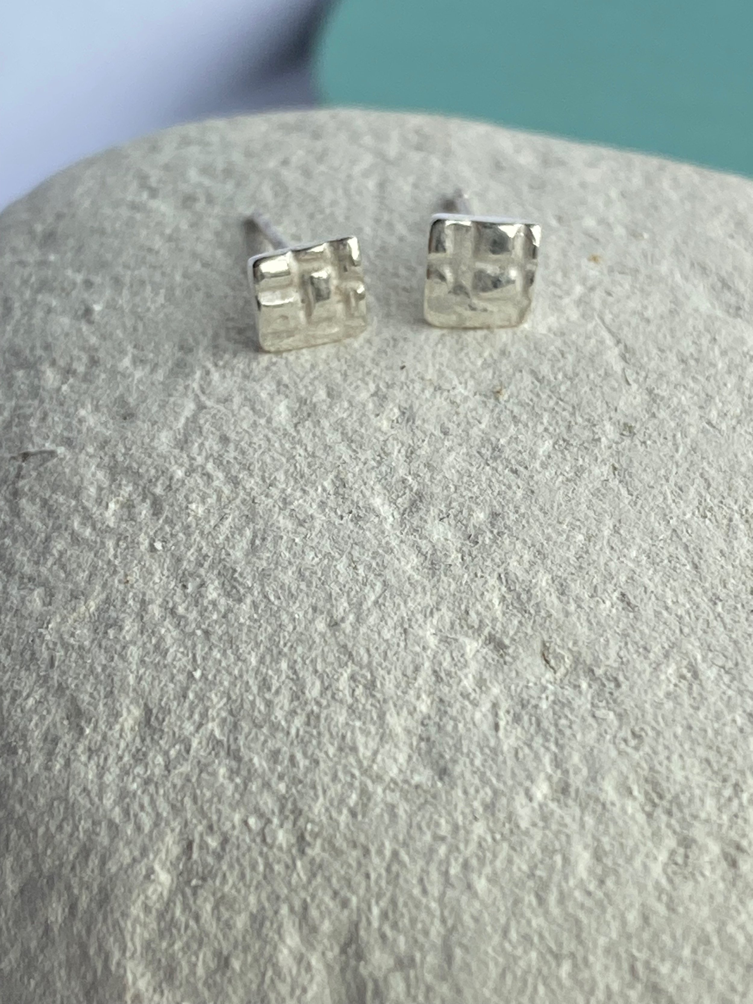 Dinky Square Textured Mismatched Fine Silver Studs-check pattern