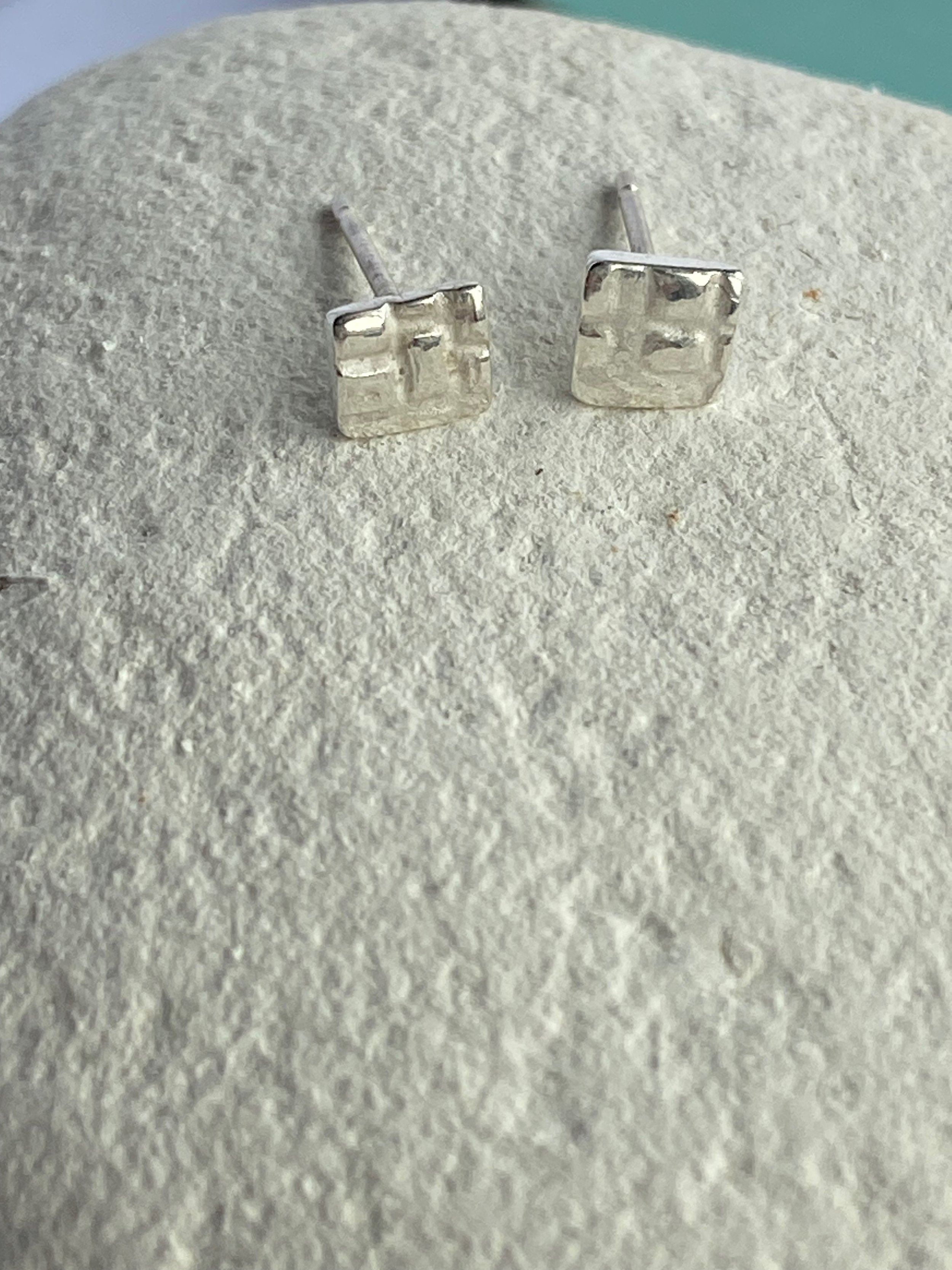 Dinky Square Textured Mismatched Fine Silver Studs-check pattern