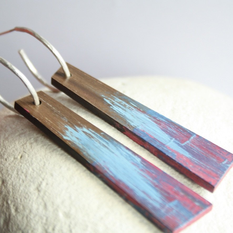 Reversible Long Quadrangle Drop Hoop Earrings- Pink/Blue