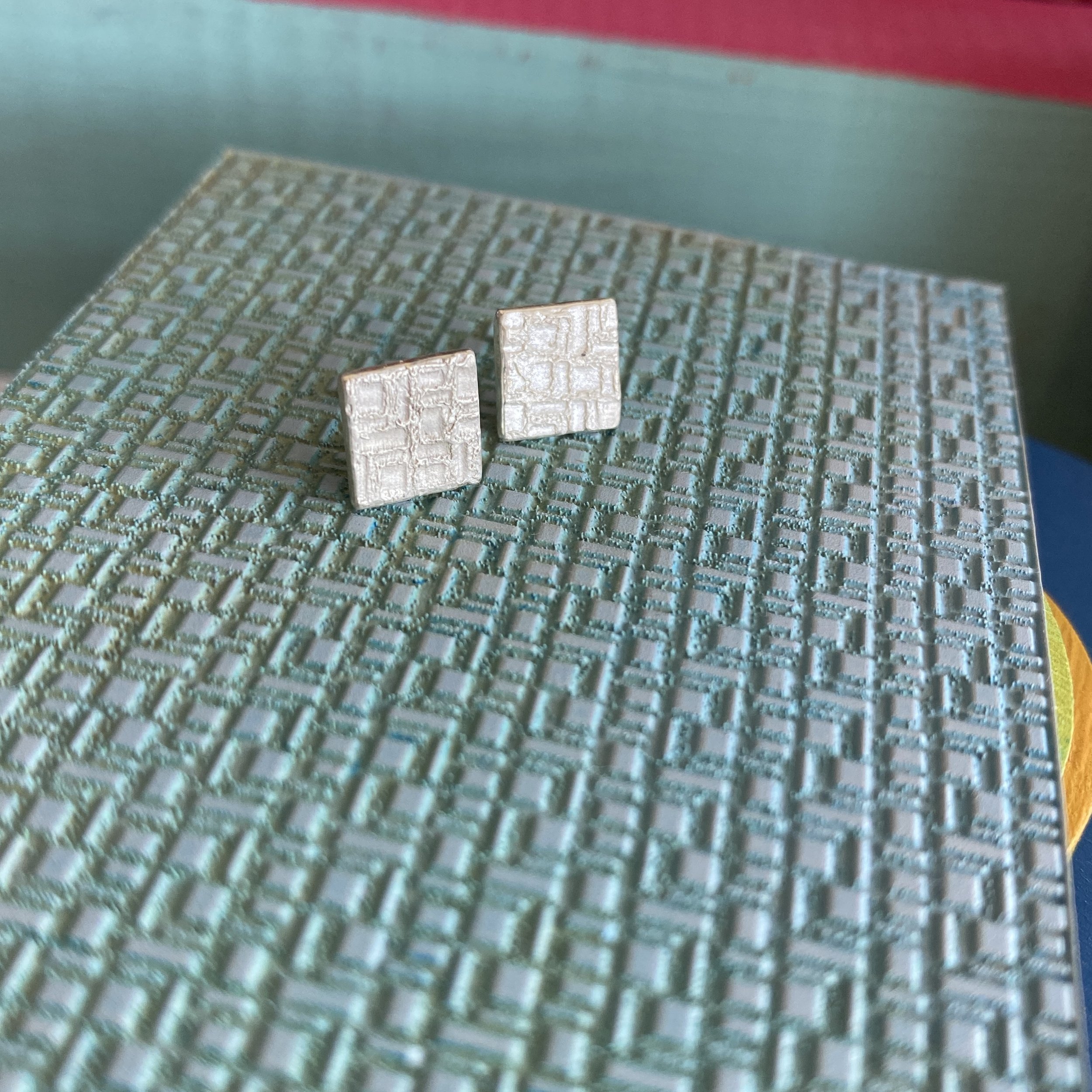 Square Textured Fine Silver Studs-check pattern