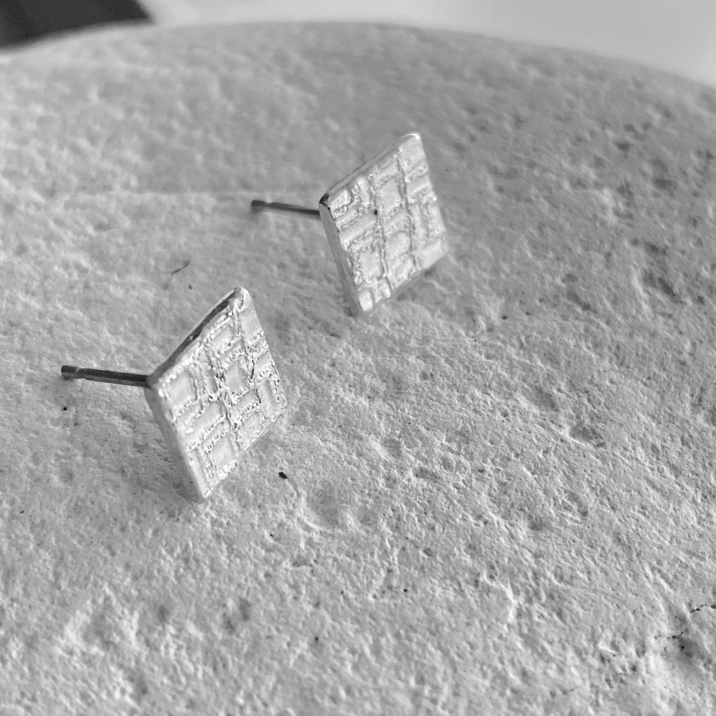 Square Textured Fine Silver Studs-check pattern