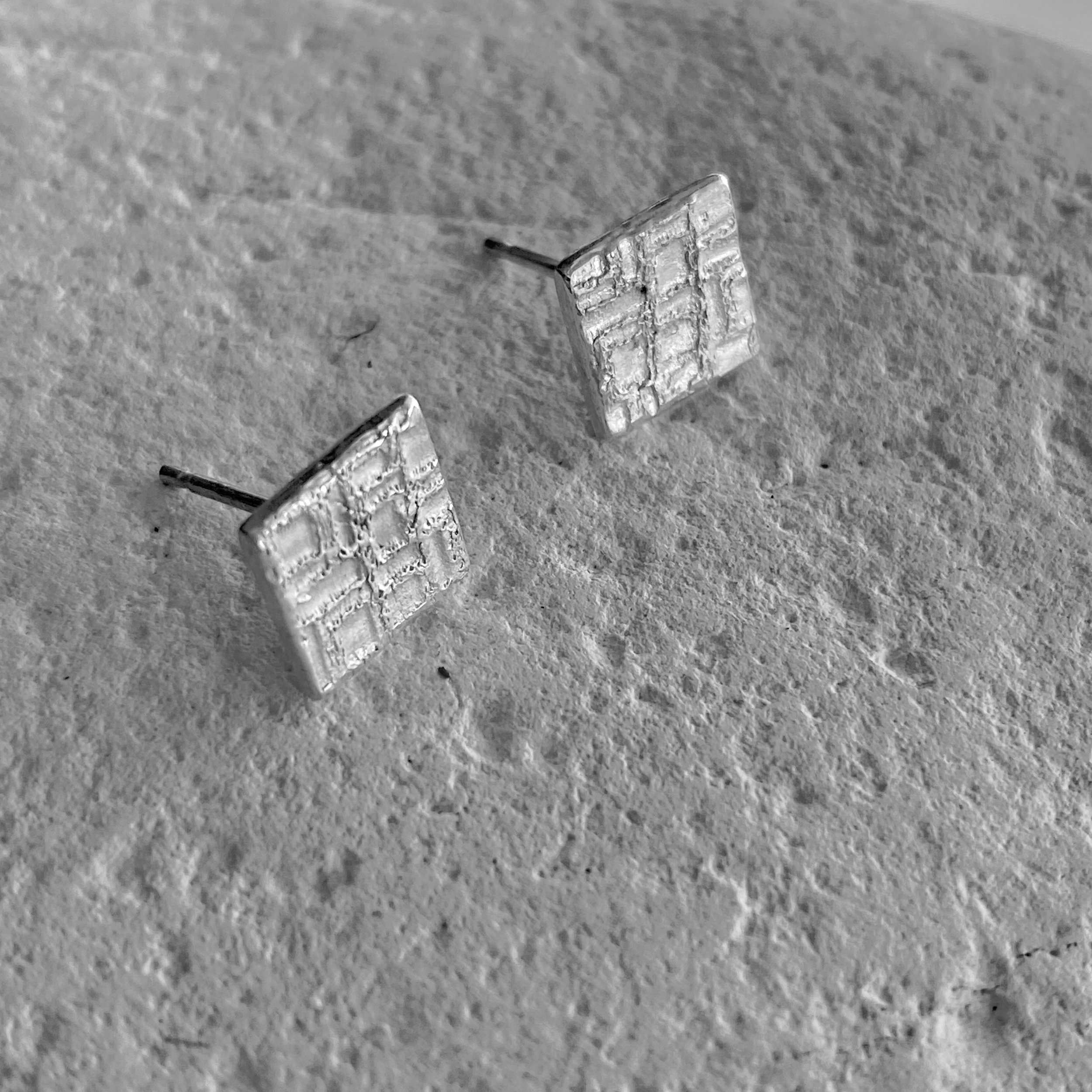 3Square Textured Fine Silver Studs-check pattern