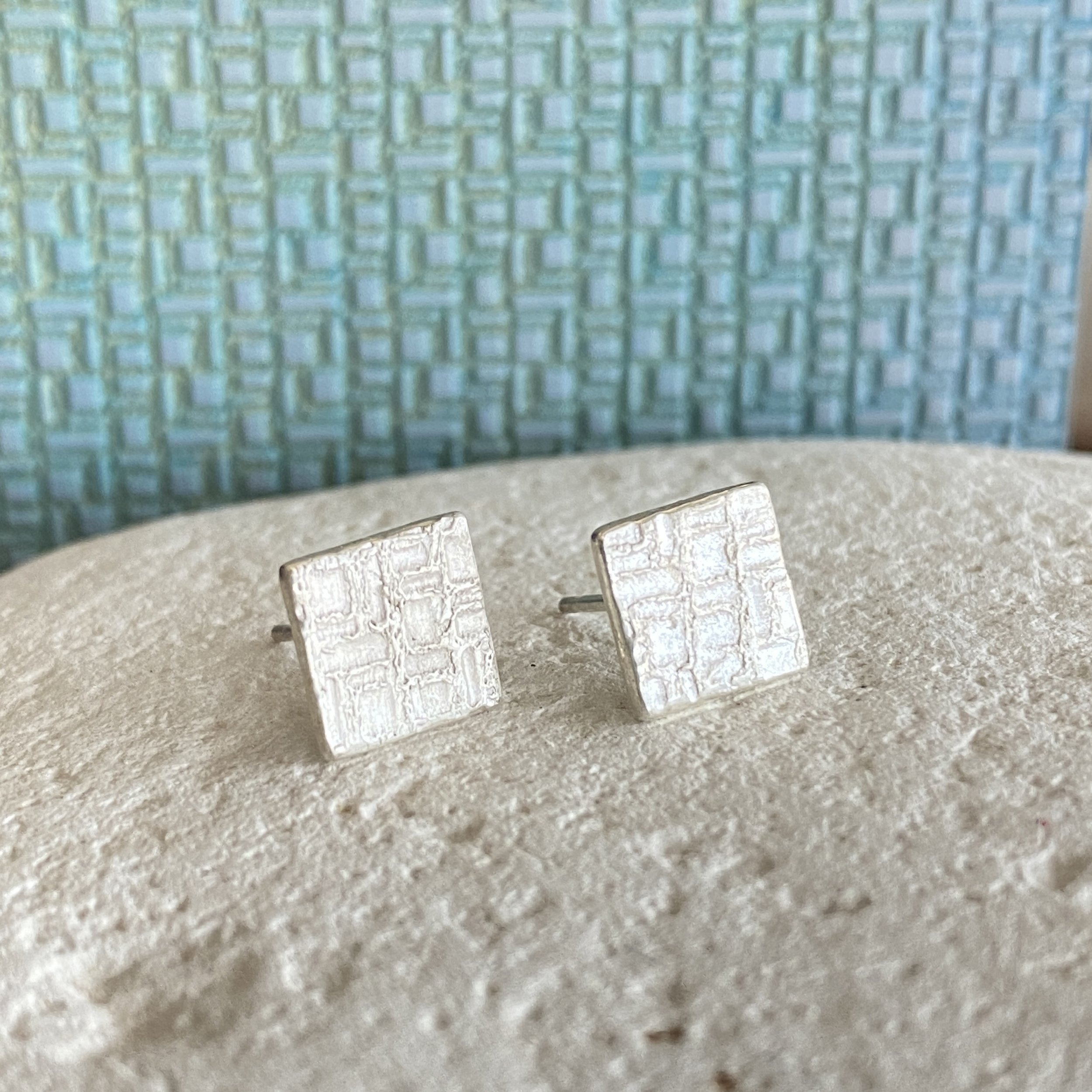 Square Textured Fine Silver Studs-check pattern