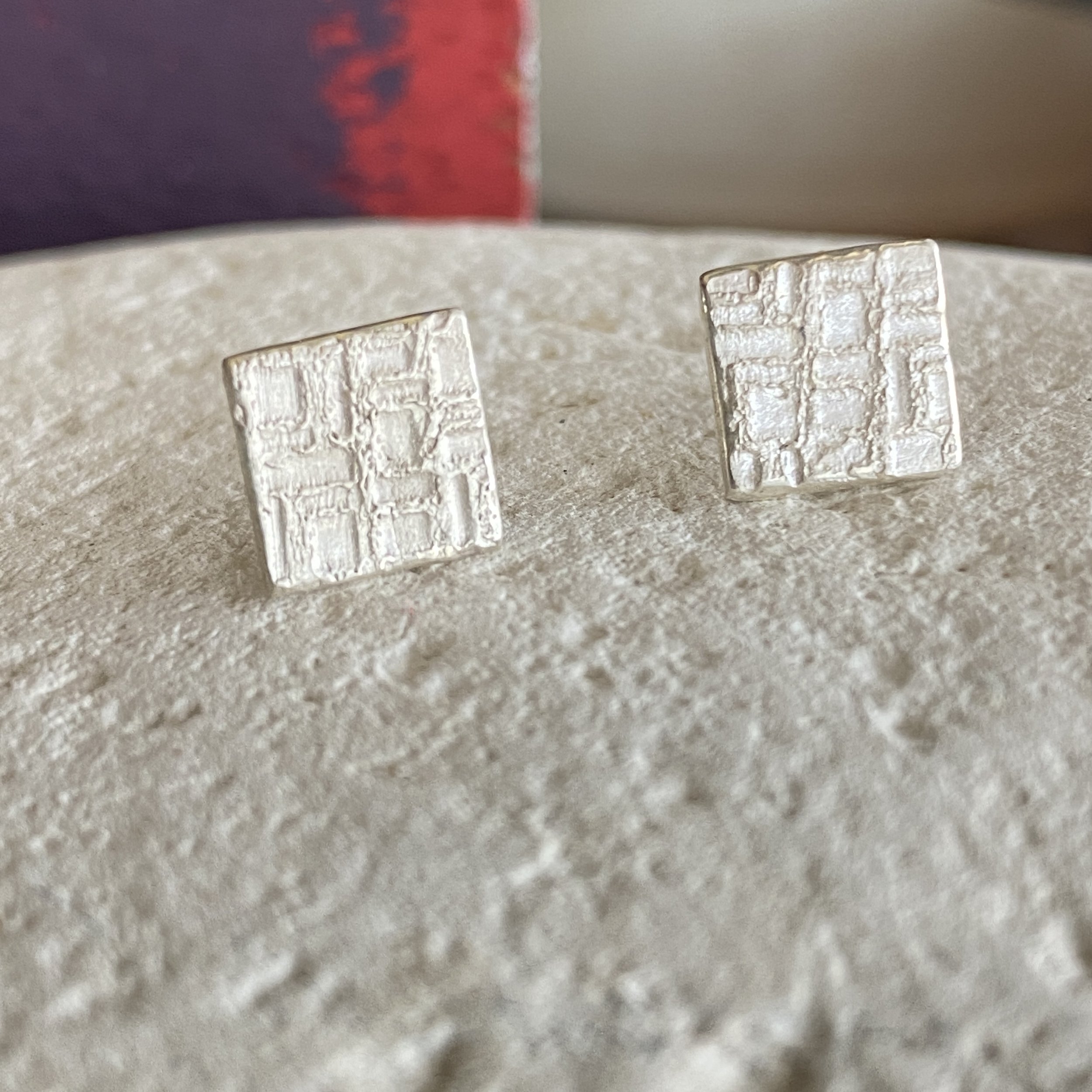 Square Textured Fine Silver Studs-check pattern