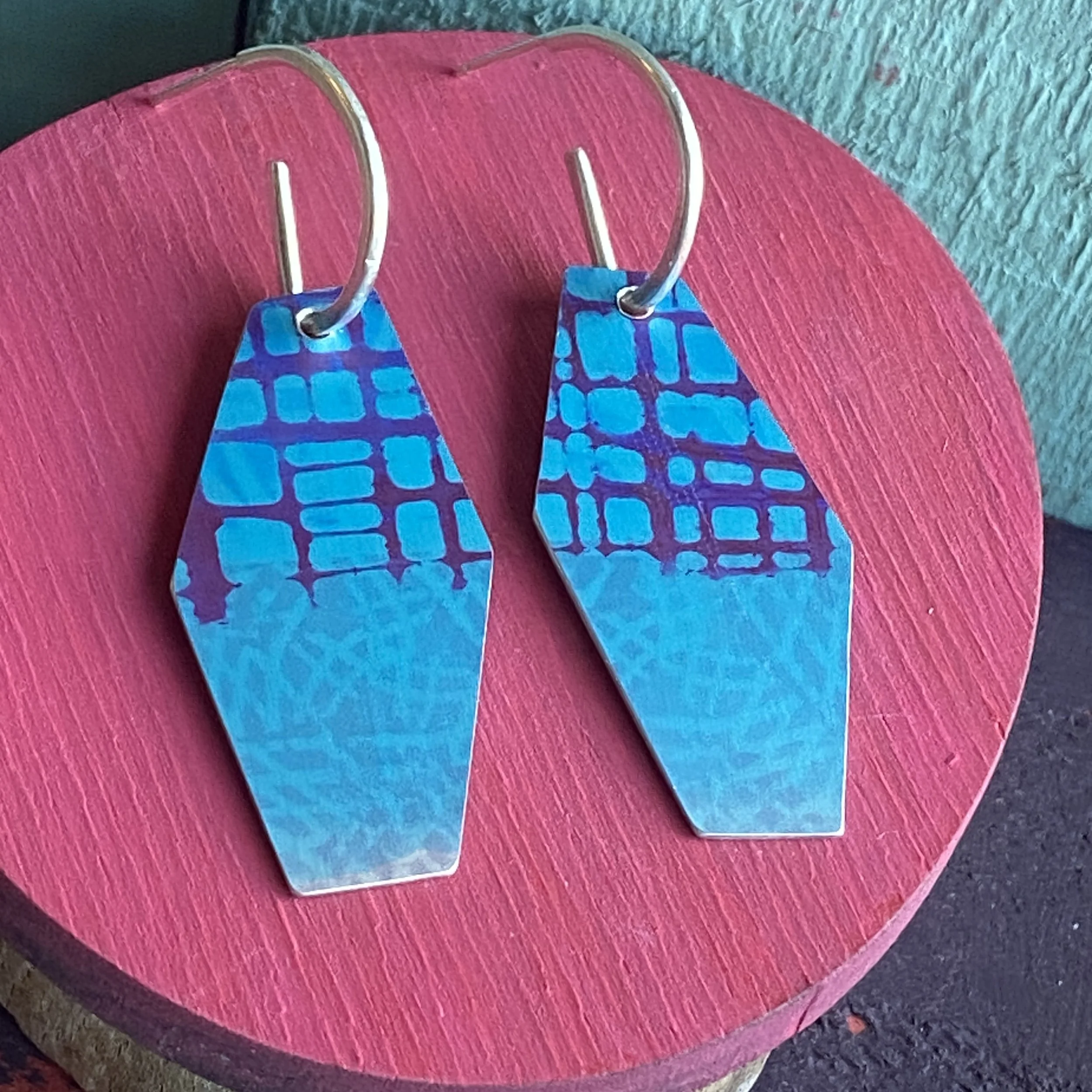 Reversible Hexagonal Drop Hoop Earrings- Blue/Purple