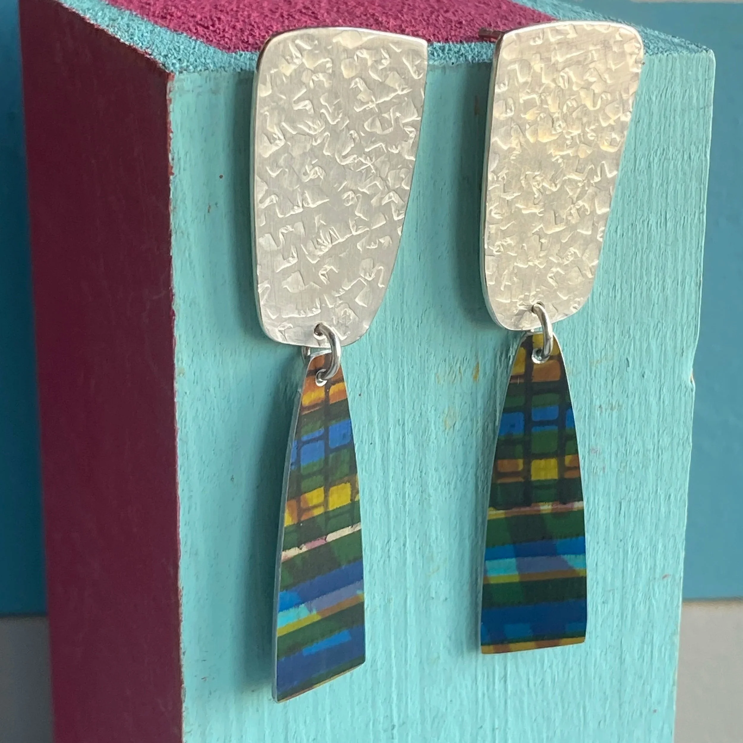 Silver With Green/Blue Abstract Dangle Earrings