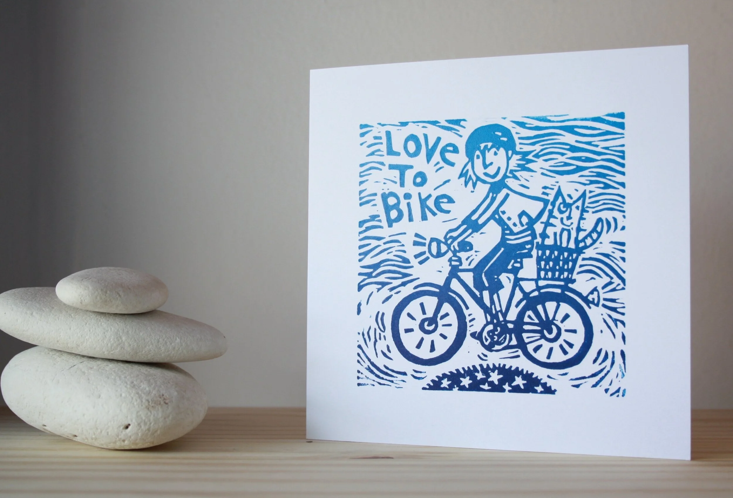 Love to Bike Greeting Card- Lady- Handprinted Lino Cut